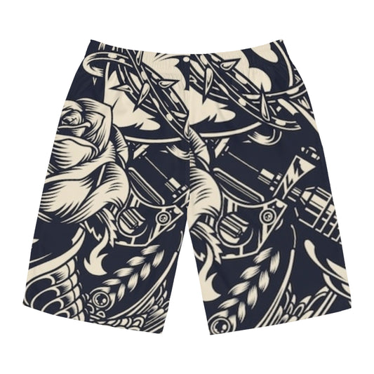 TATTOO GUN DESIGN FRONT BLK BACK - Men's Board Shorts (AOP) - Rock n Royalty Designs