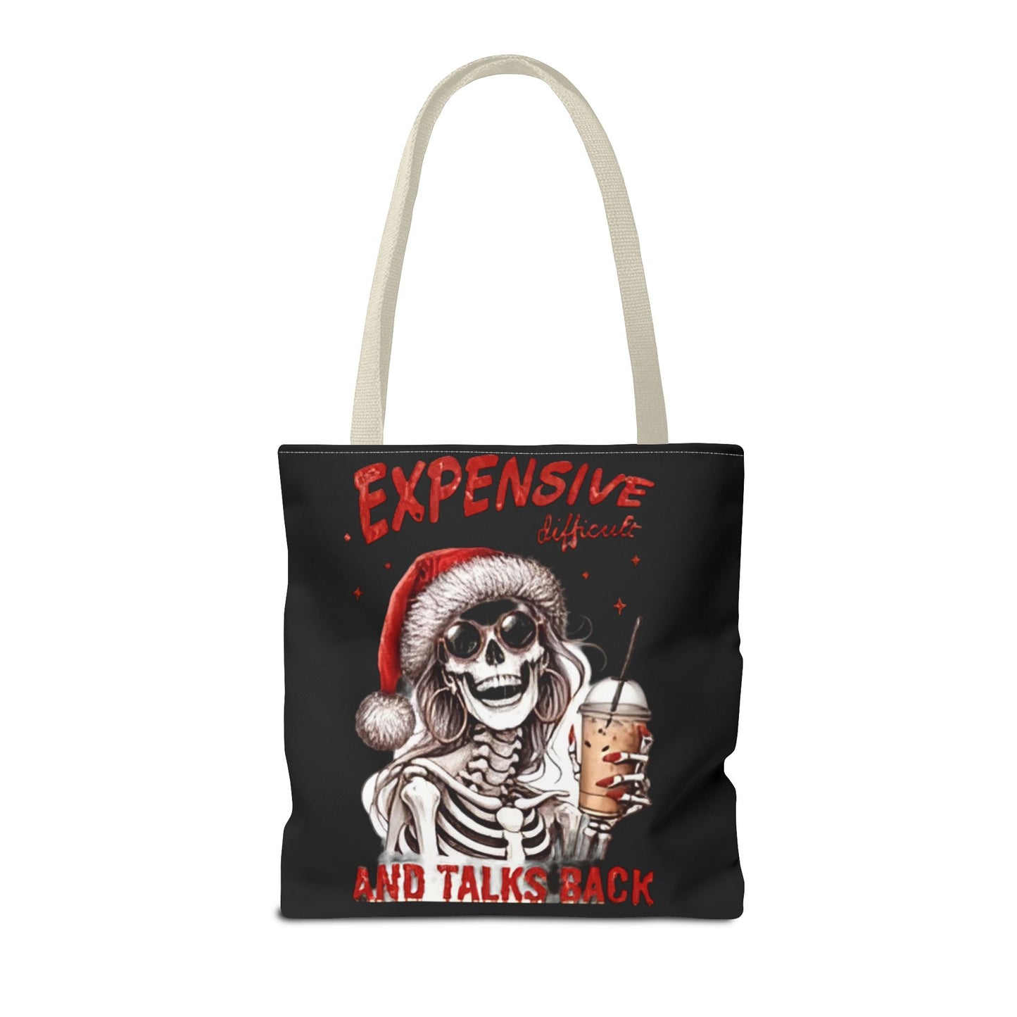 "Expensive and Talks Back: Sassy Skeleton Santa Tote Bag" Printify