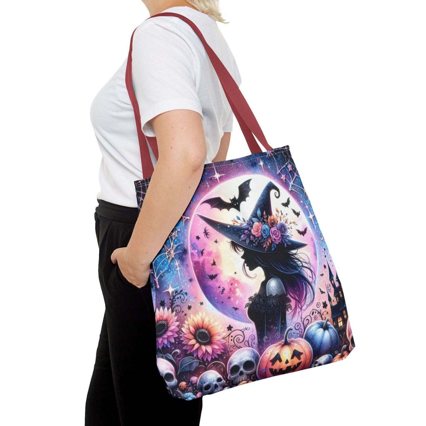 "Mystical Witch Tote Bag - Celestial Moon and Bat Design (AOP)"