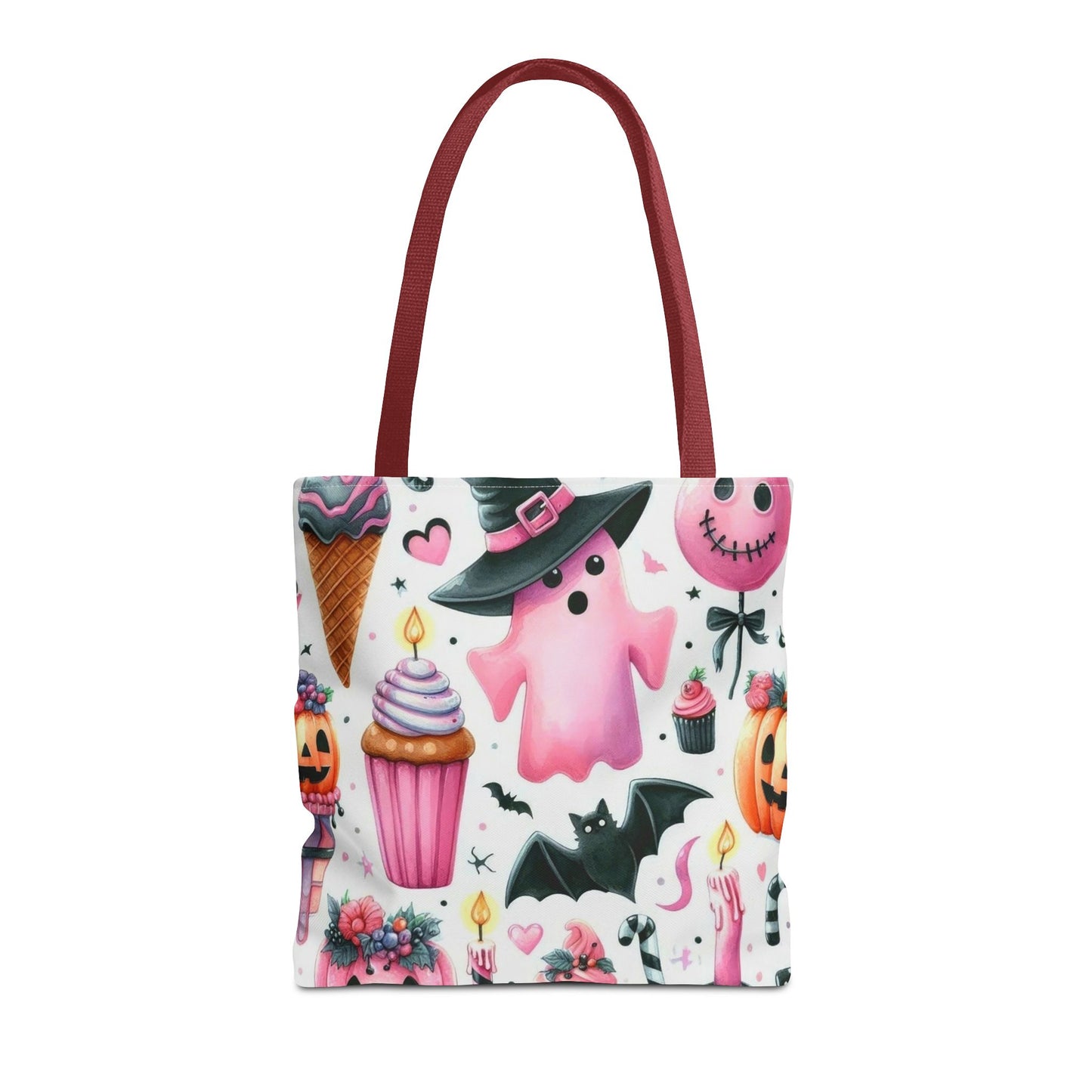 "Cute Halloween Tote Bag - Pink Ghost & Spooky Treats Design" Print Tote Bag Printify