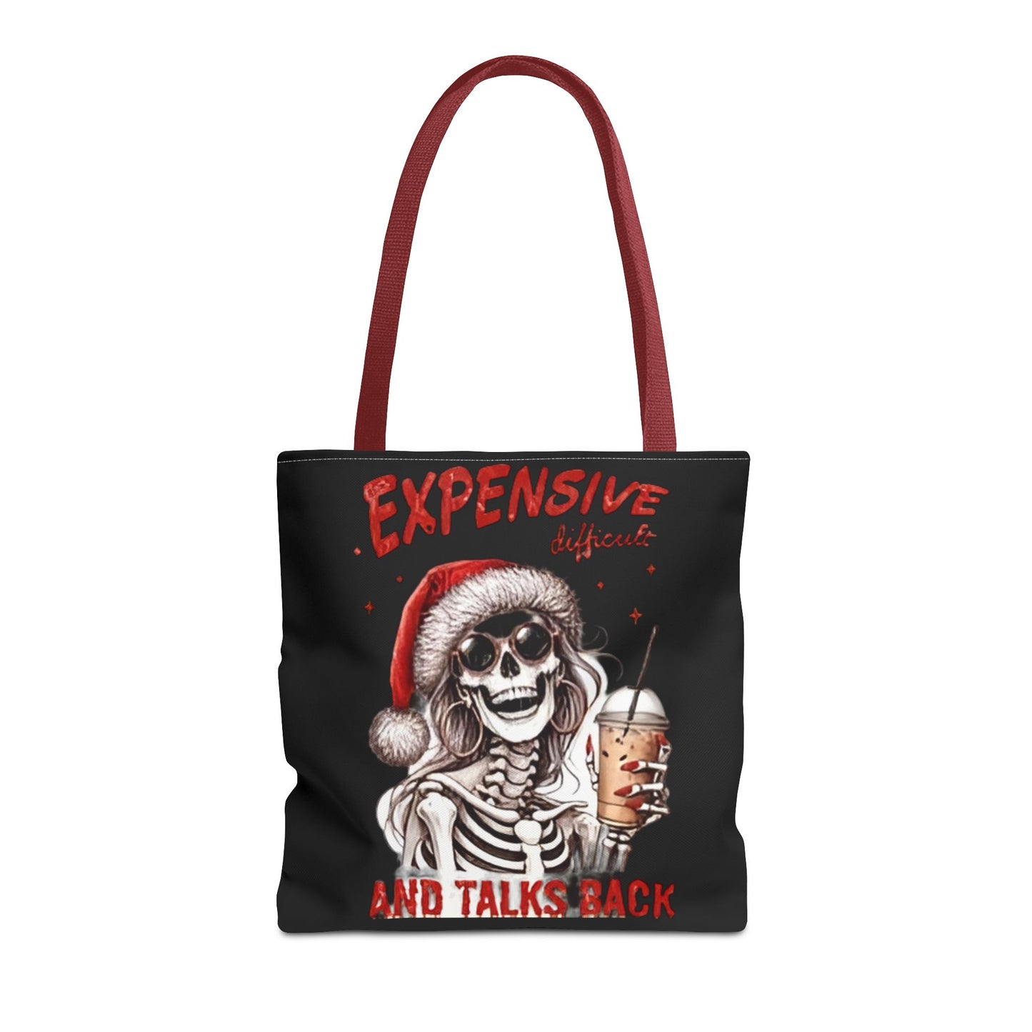 "Expensive and Talks Back: Sassy Skeleton Santa Tote Bag" Printify