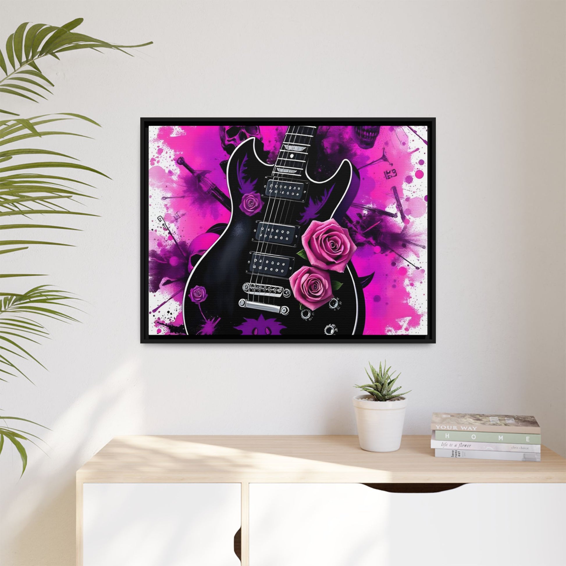 Canvas Art Print 1 of 4 - VIBRAINT Purple Guitar with Skulls and Pink Roses - Rock n Royalty Designs