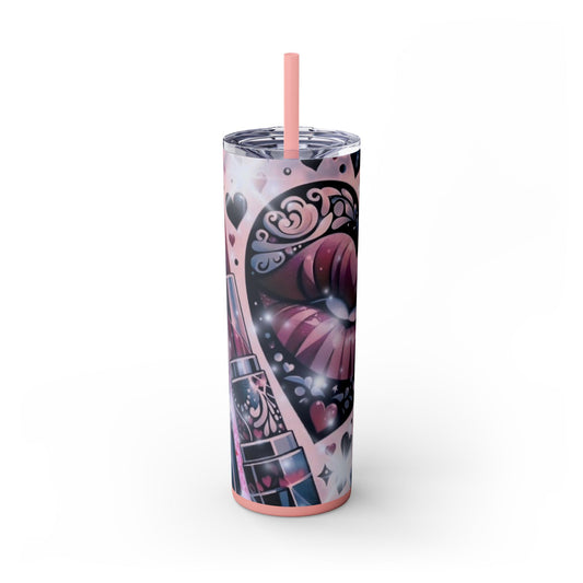 Pink Lipstick Design. Skinny Tumbler with Straw, 20oz - Rock n Royalty Designs