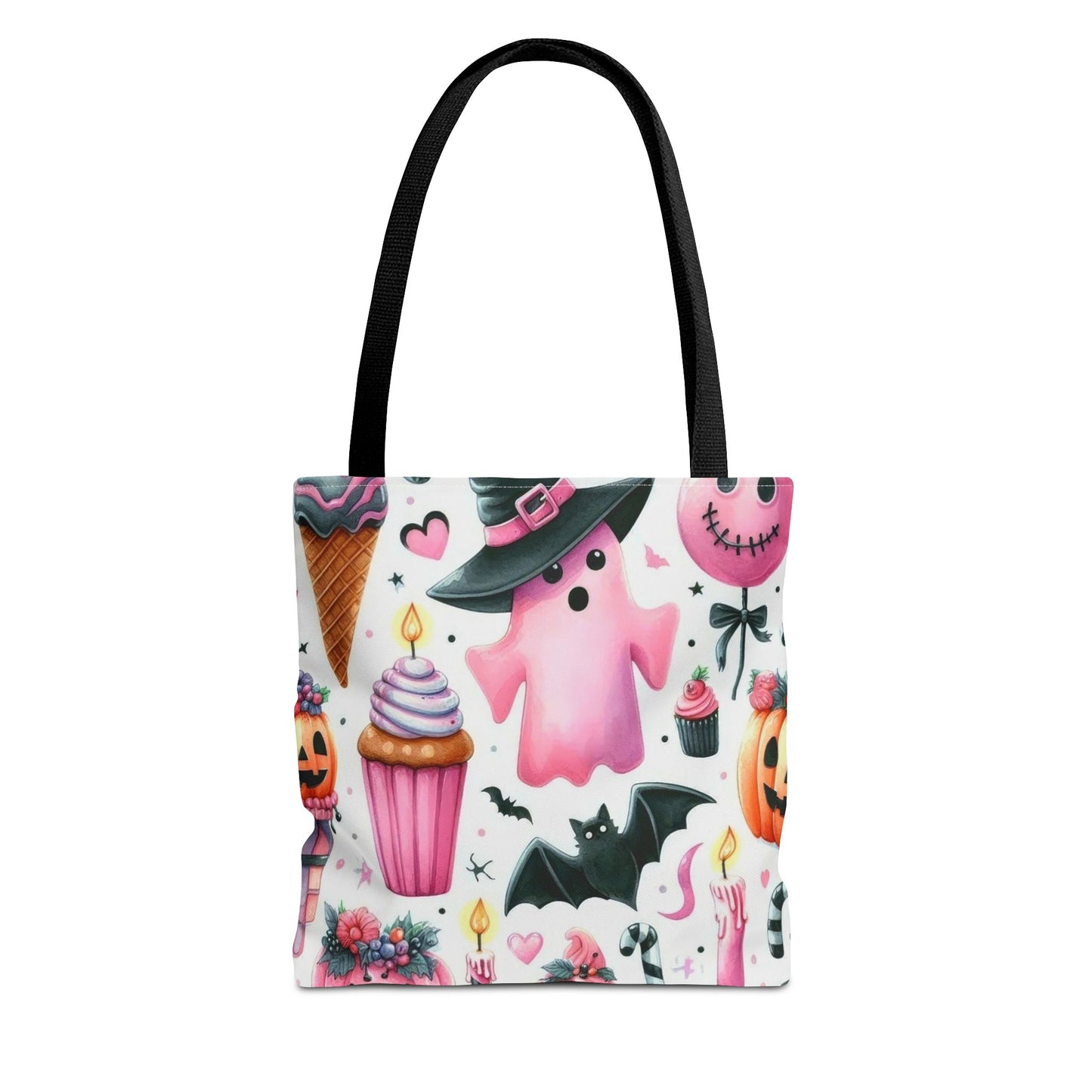 "Cute Halloween Tote Bag - Pink Ghost & Spooky Treats Design" Print Tote Bag Printify