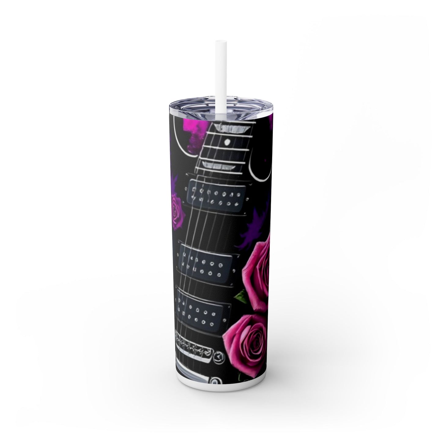 Series 1 of 4 - VIBRAINT Purple Guitar with Skulls and Pink Roses,Skinny Tumbler with Straw, 20oz - Rock n Royalty Designs