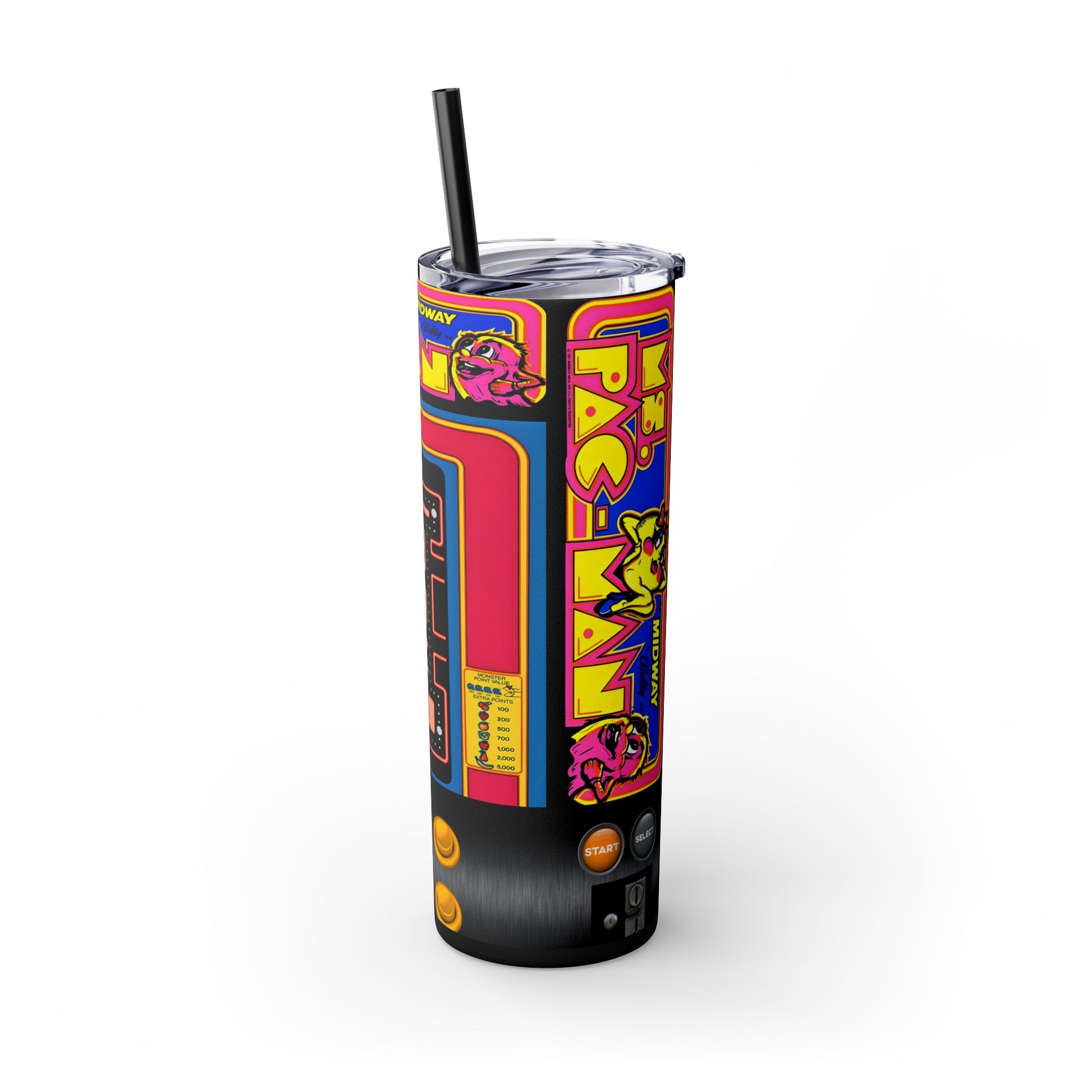 MS PACMAN ARCADE GAME - Skinny Tumbler with Straw, 20oz - Rock n Royalty Designs