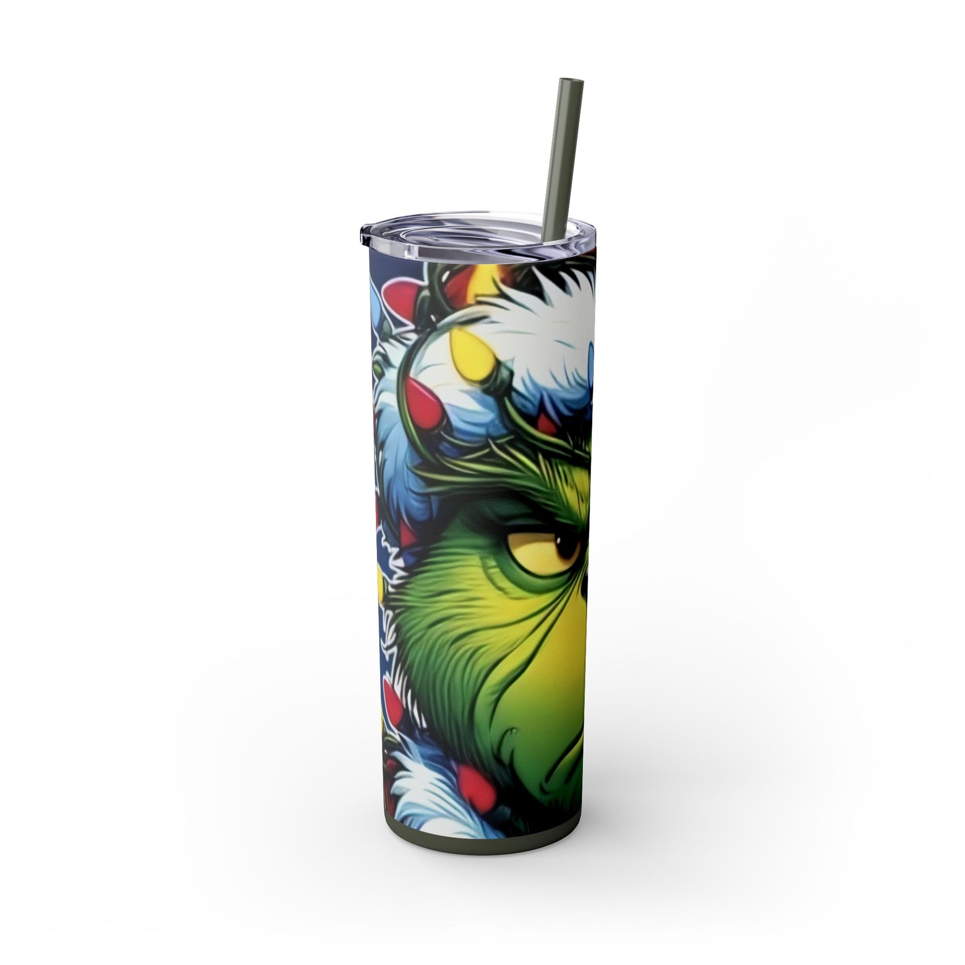 Mad Grinch Face Skinny Tumbler with Straw, 20oz Printify