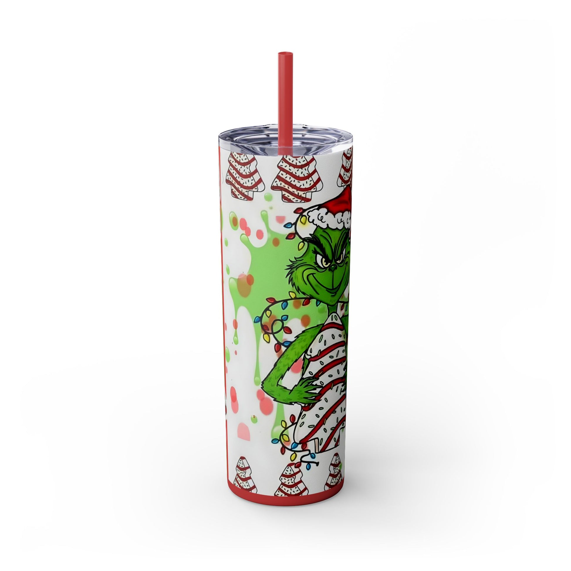 "Grinch Christmas Tumbler 20oz - Holiday Tumbler with Striped Christmas Cakes Design, Double Wall Insulated Cup with Straw (Funny Festive Collection)" Printify