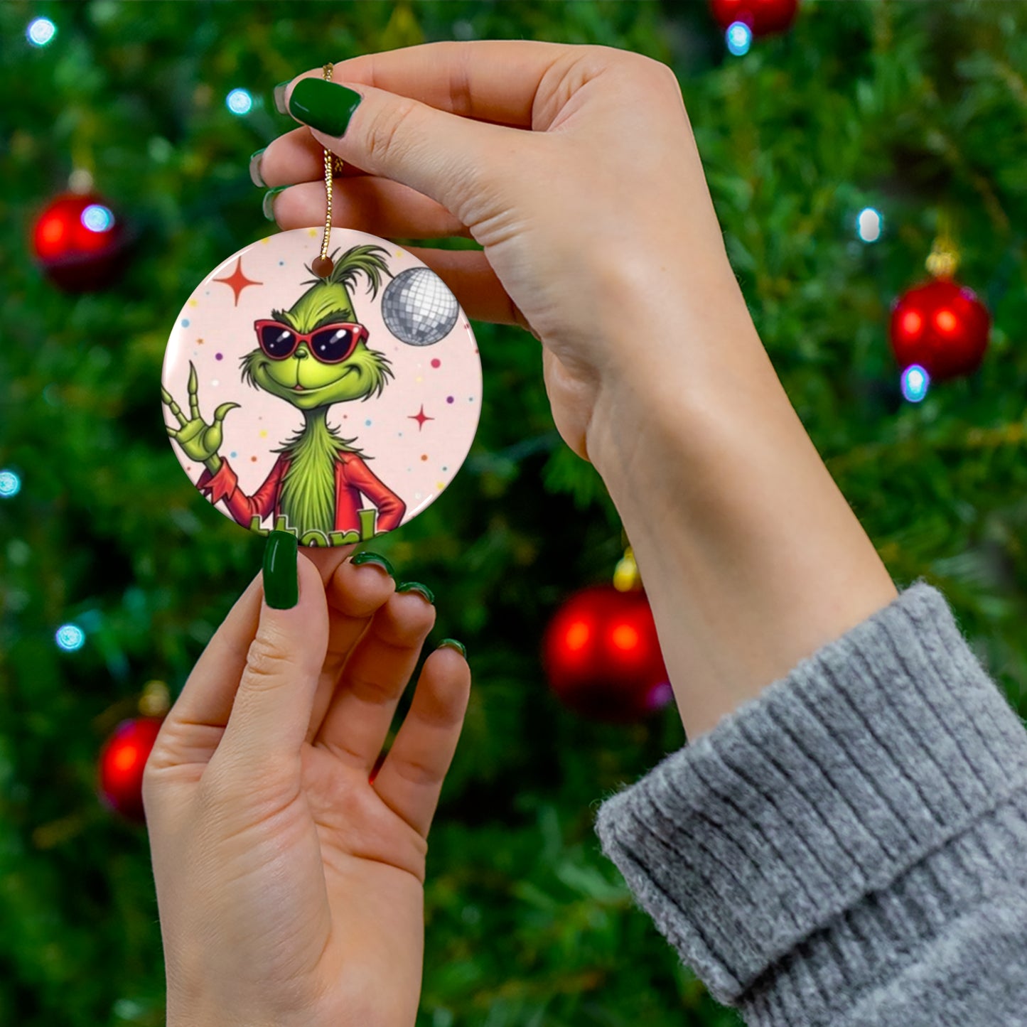 DISCO GRINCH Ceramic Ornament Printify