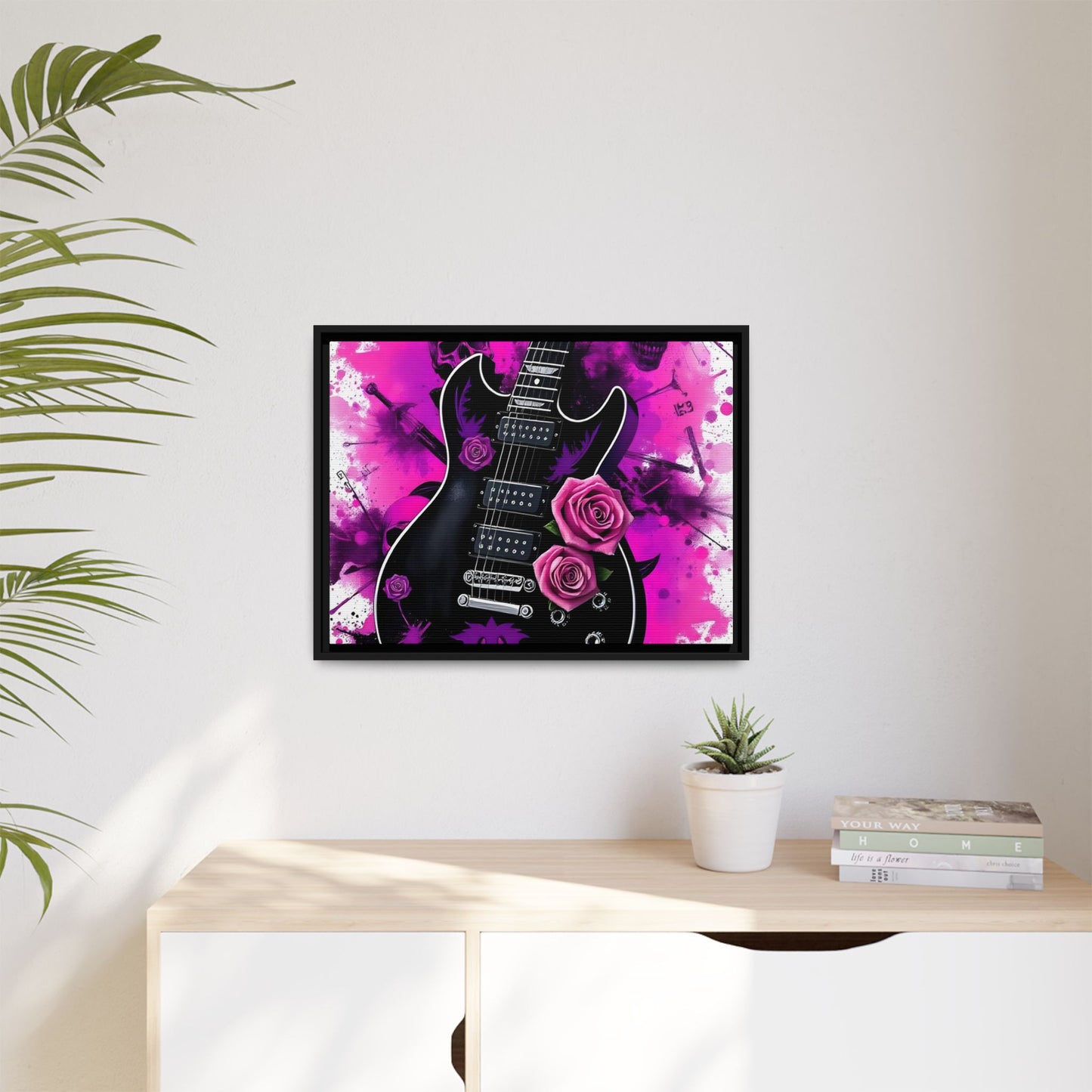 Canvas Art Print 1 of 4 - VIBRAINT Purple Guitar with Skulls and Pink Roses - Rock n Royalty Designs