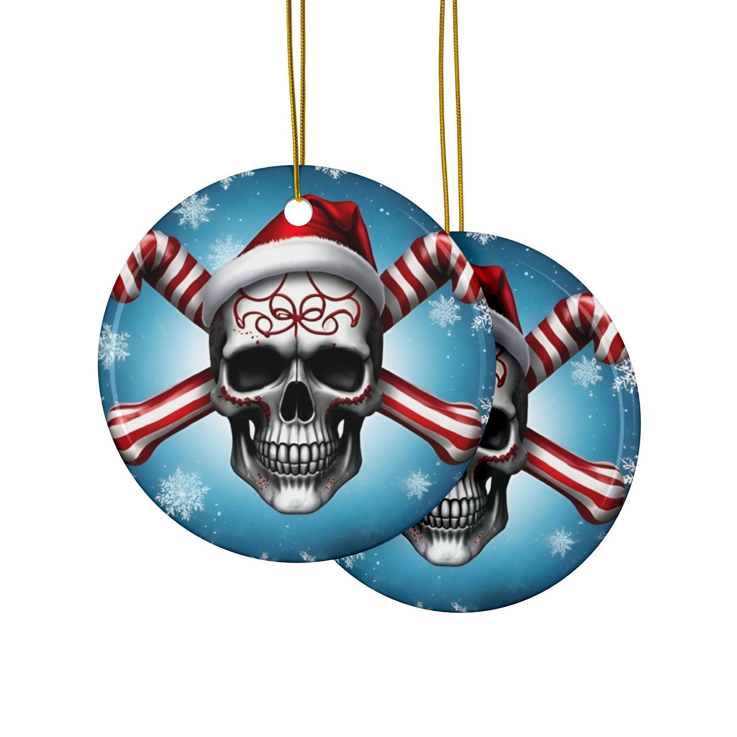 SKULL SANTA HAT - CANDY CANE CROSSBONES -Ceramic Ornaments, 2-Side Print, (1pc, 3pcs, 5pcs, 10pcs) - Rock n Royalty Designs