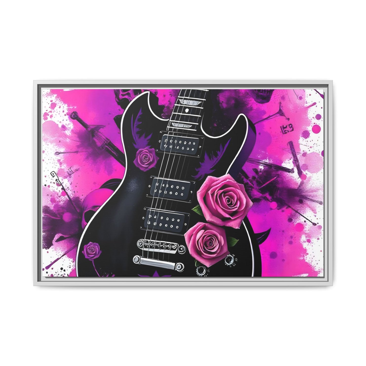 Canvas Art Print 1 of 4 - VIBRAINT Purple Guitar with Skulls and Pink Roses - Rock n Royalty Designs