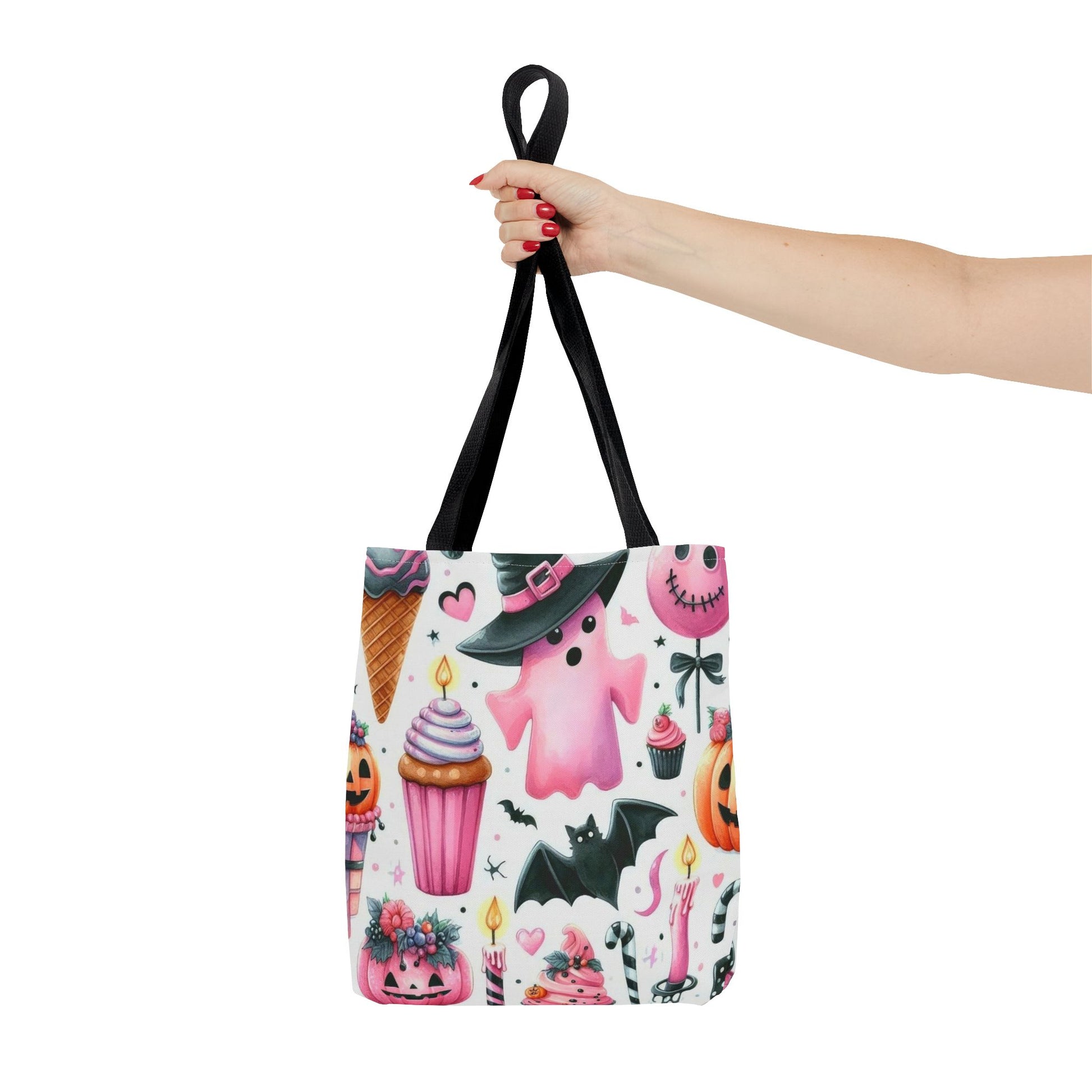 "Cute Halloween Tote Bag - Pink Ghost & Spooky Treats Design" Print Tote Bag Printify