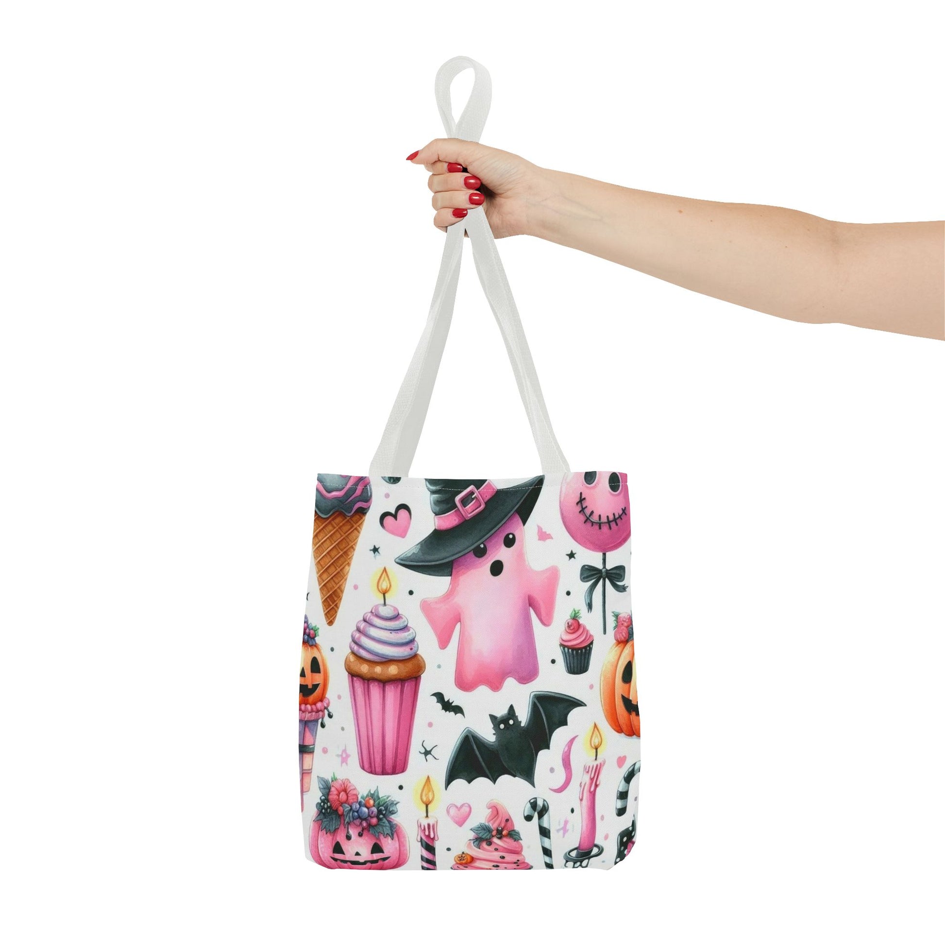 "Cute Halloween Tote Bag - Pink Ghost & Spooky Treats Design" Print Tote Bag Printify