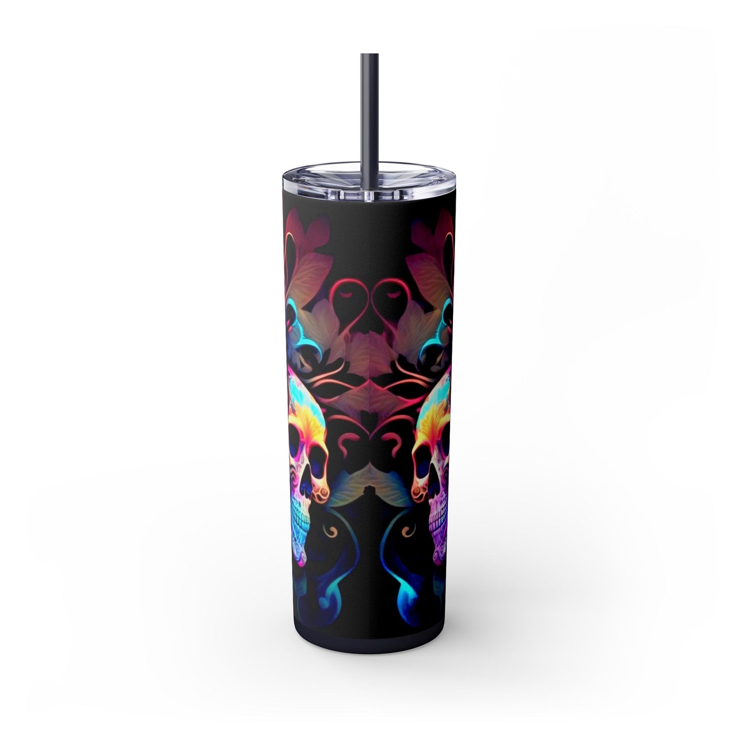 Vibraint Colorful Skulls -Skinny Tumbler with Straw, 20oz Printify