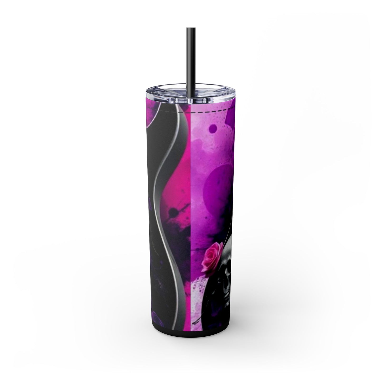 Series 2 of 4 - VIBRAINT Purple Guitar with Skulls and Pink Roses,Skinny Tumbler with Straw, 20oz - Rock n Royalty Designs