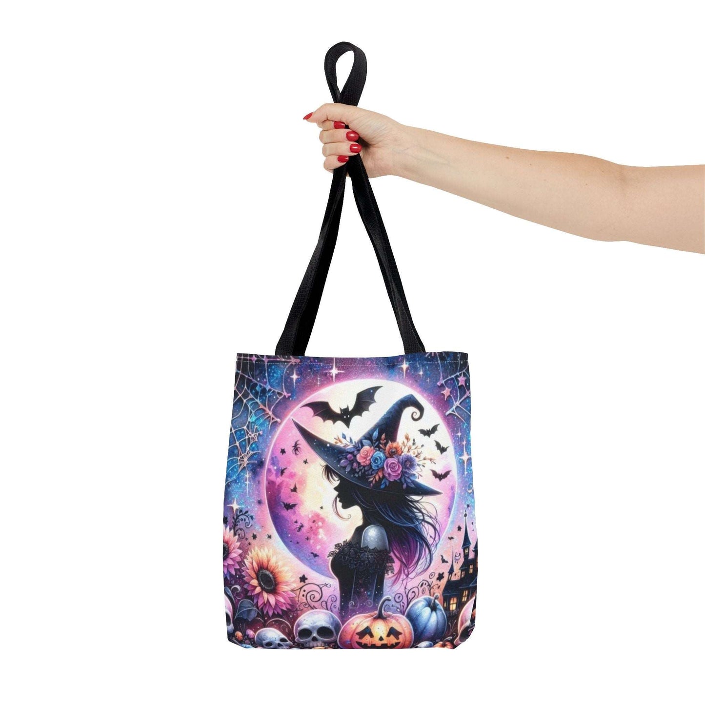 "Mystical Witch Tote Bag - Celestial Moon and Bat Design (AOP)"