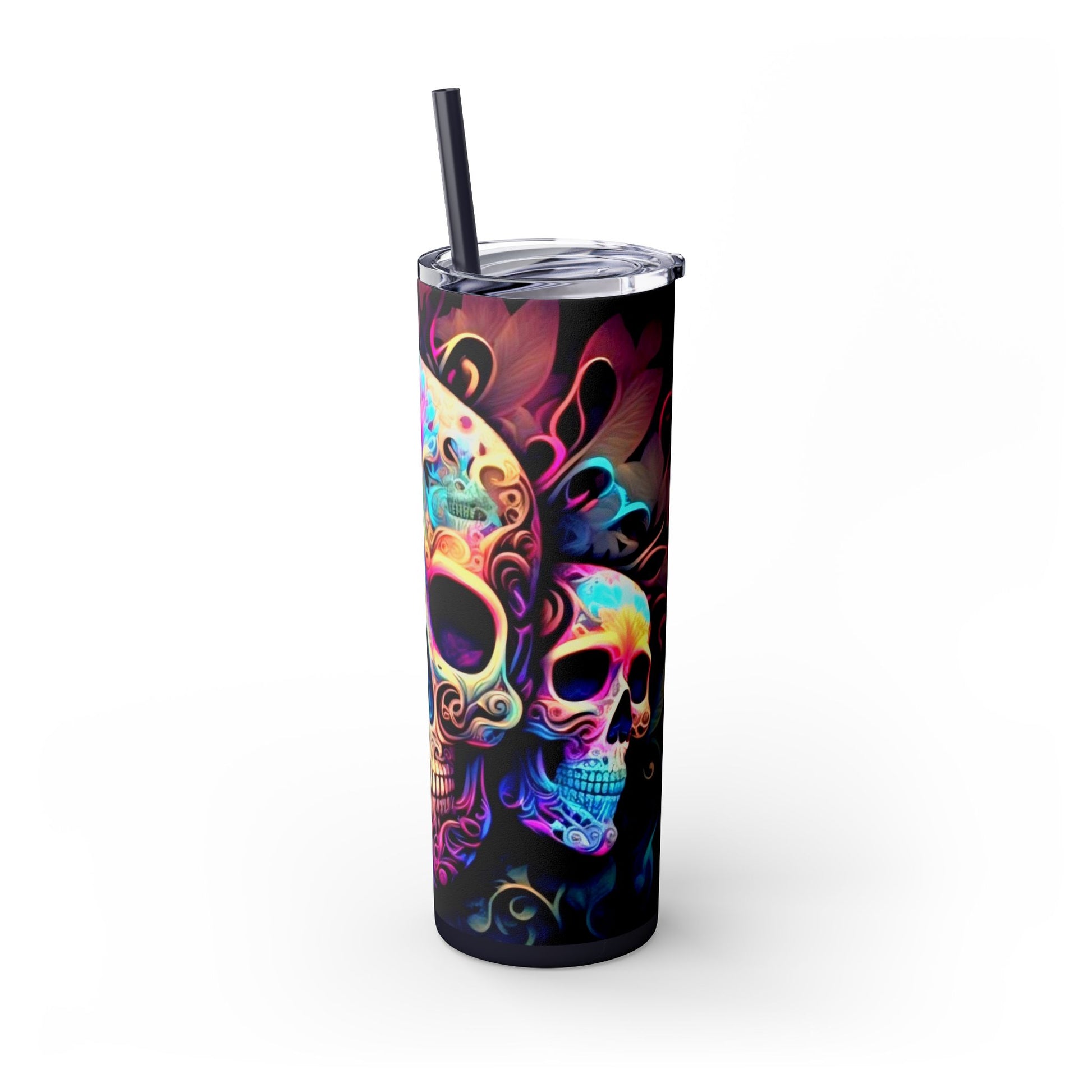 Vibraint Colorful Skulls -Skinny Tumbler with Straw, 20oz Printify