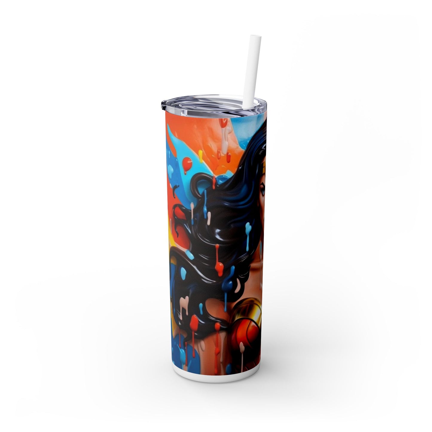 "Wonder Woman Skinny Tumbler with Straw, 20oz - Superhero Fan Art Drinkware" Printify