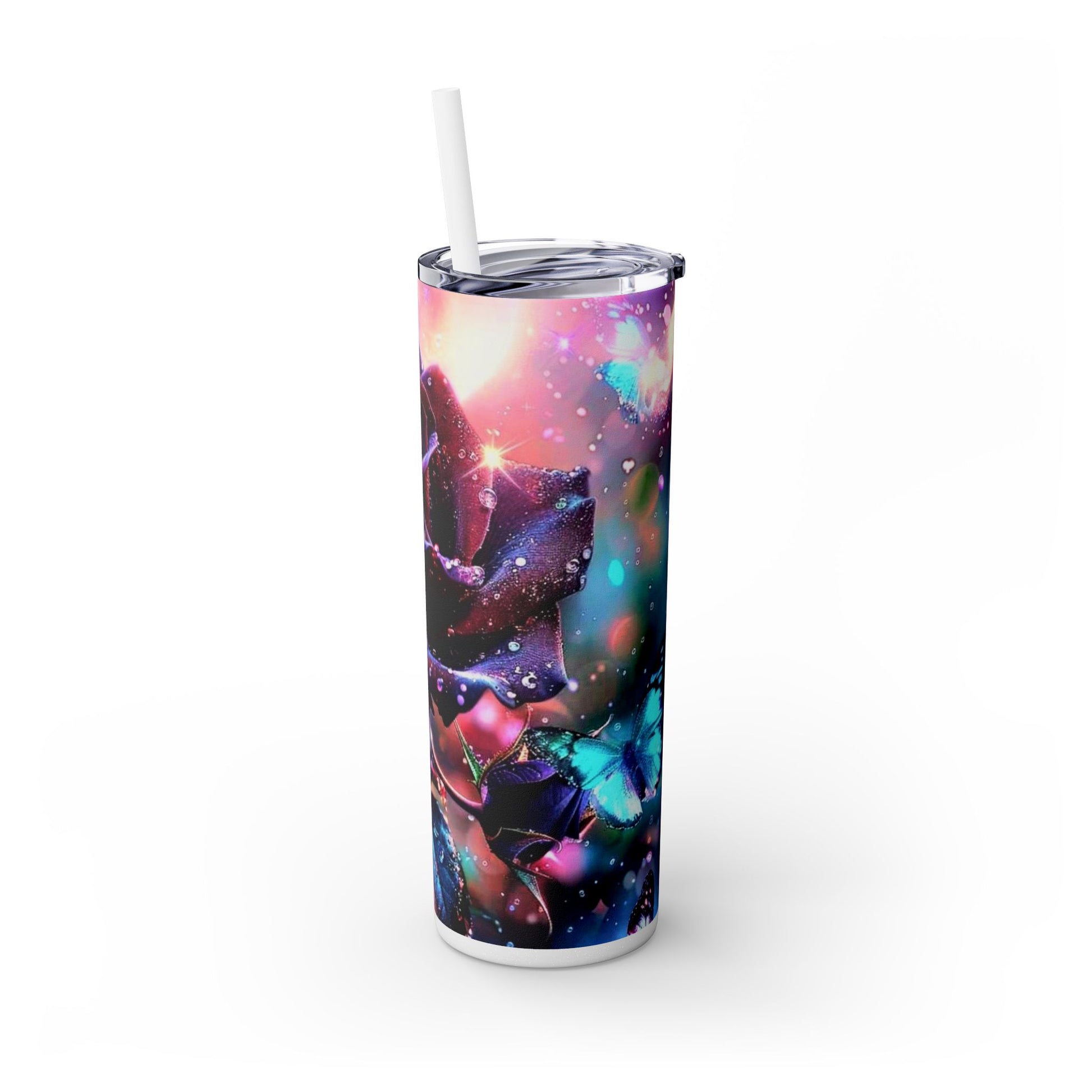 PURPLE ROSE BLUE BFLY - Skinny Tumbler with Straw, 20oz - Rock n Royalty Designs