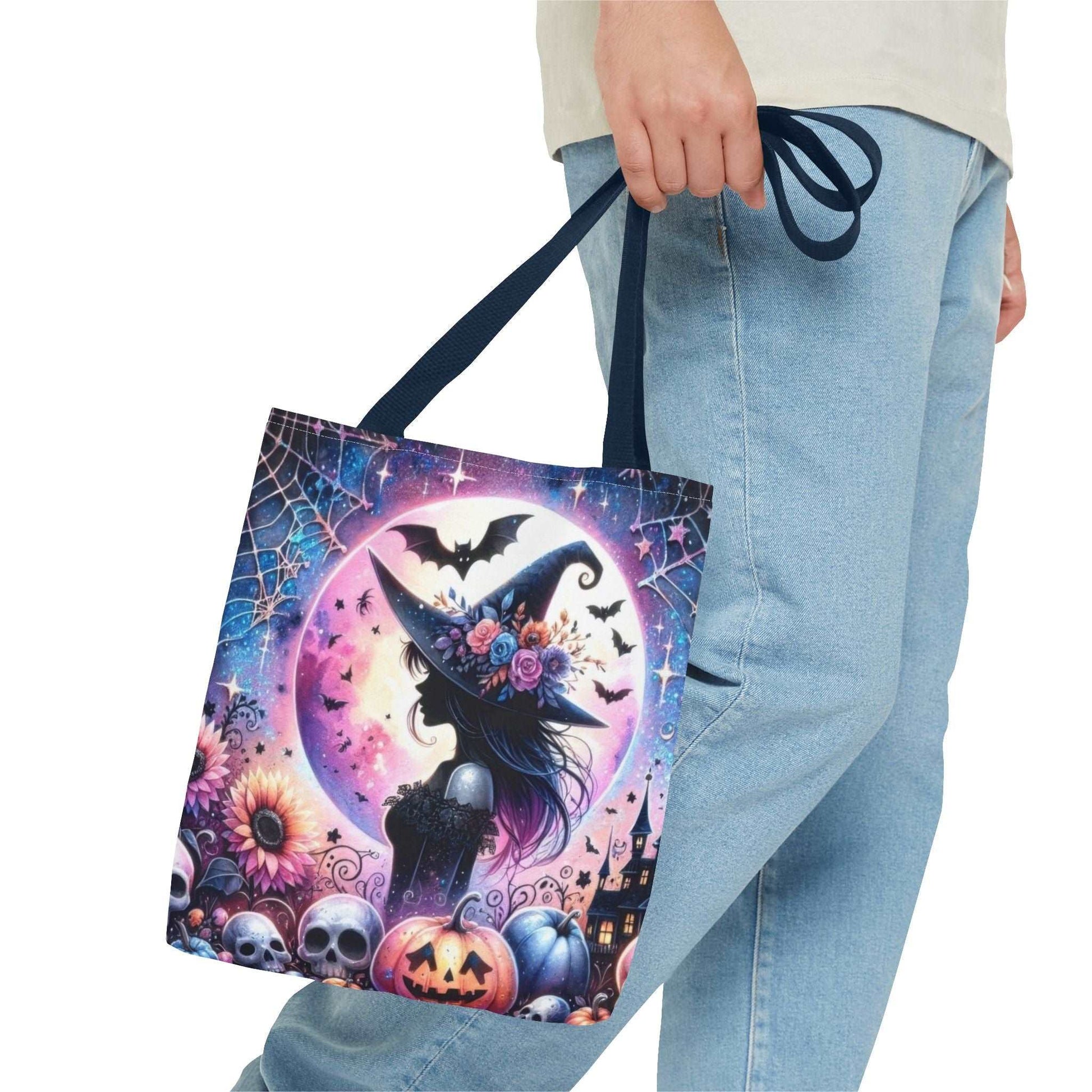 "Mystical Witch Tote Bag - Celestial Moon and Bat Design (AOP)"