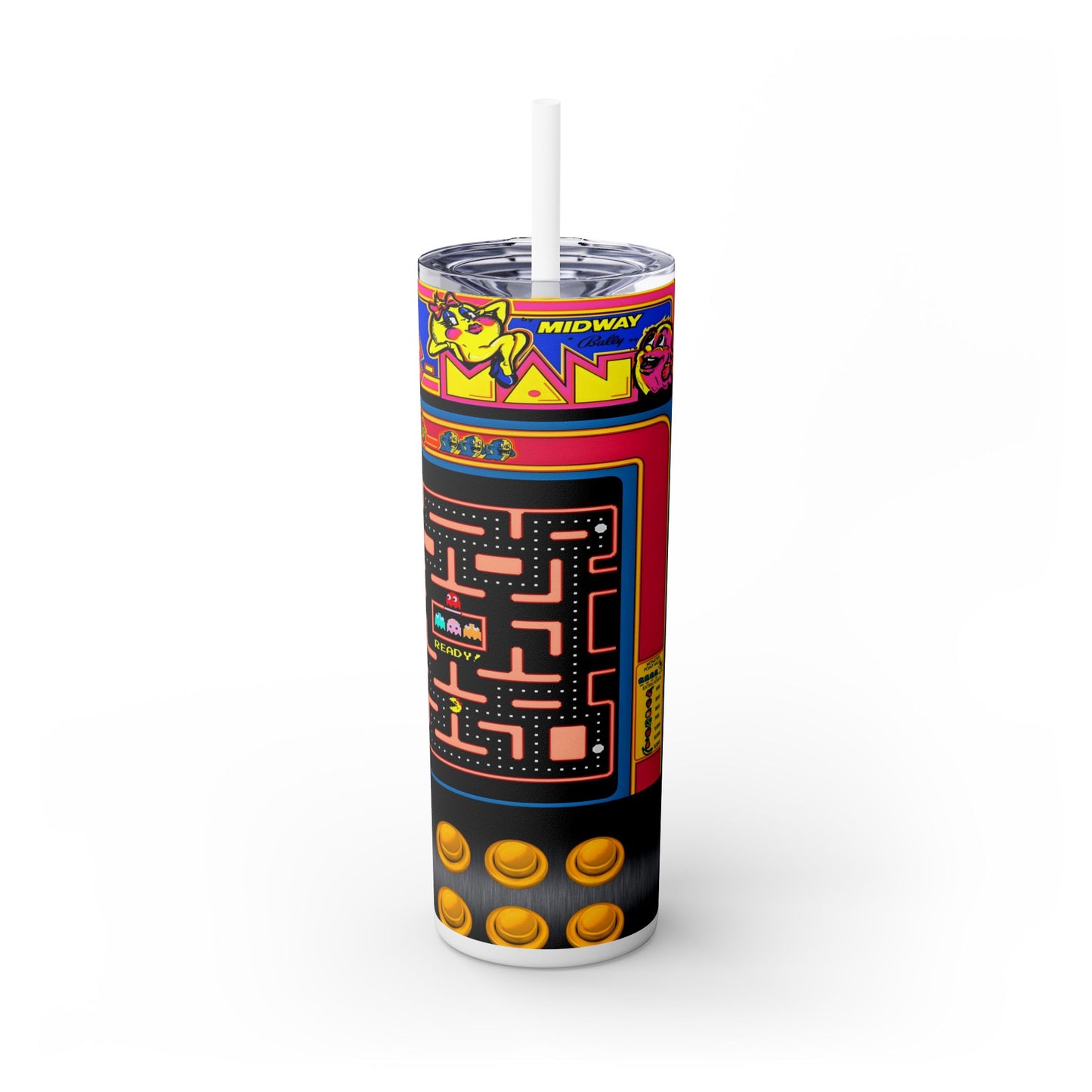 MS PACMAN ARCADE GAME - Skinny Tumbler with Straw, 20oz - Rock n Royalty Designs