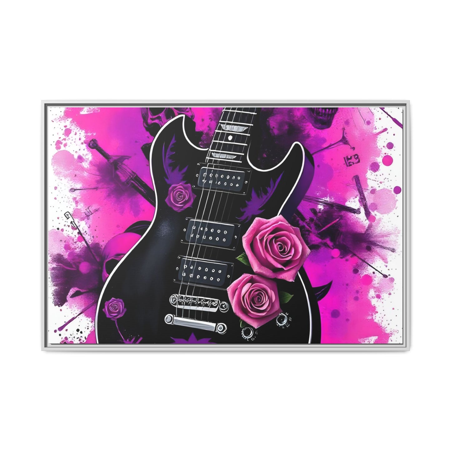 Canvas Art Print 1 of 4 - VIBRAINT Purple Guitar with Skulls and Pink Roses - Rock n Royalty Designs