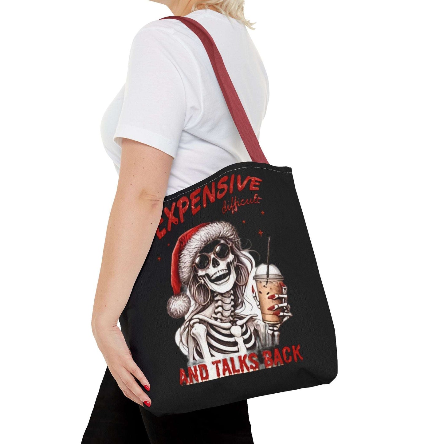 "Expensive and Talks Back: Sassy Skeleton Santa Tote Bag"