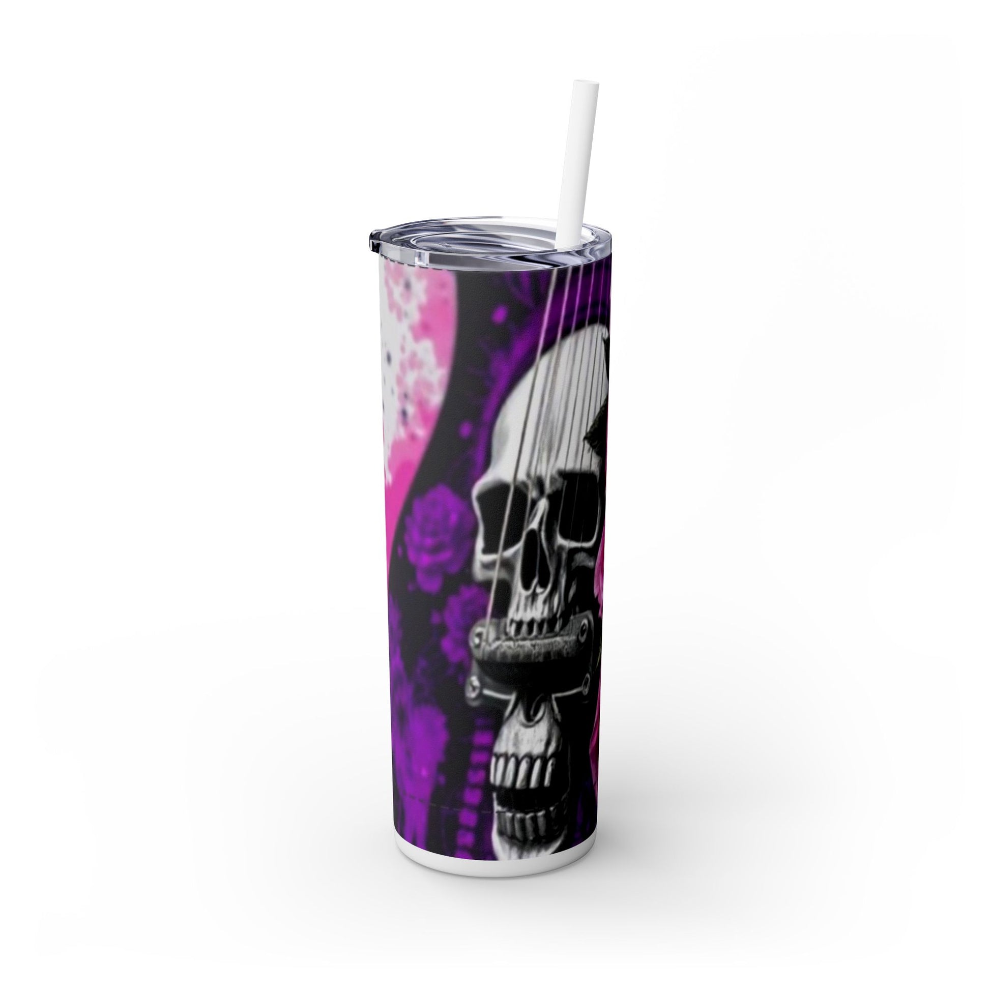 Series 3 of 4 - VIBRAINT Purple Guitar with Skulls and Pink Roses,Skinny Tumbler with Straw, 20oz - Rock n Royalty Designs