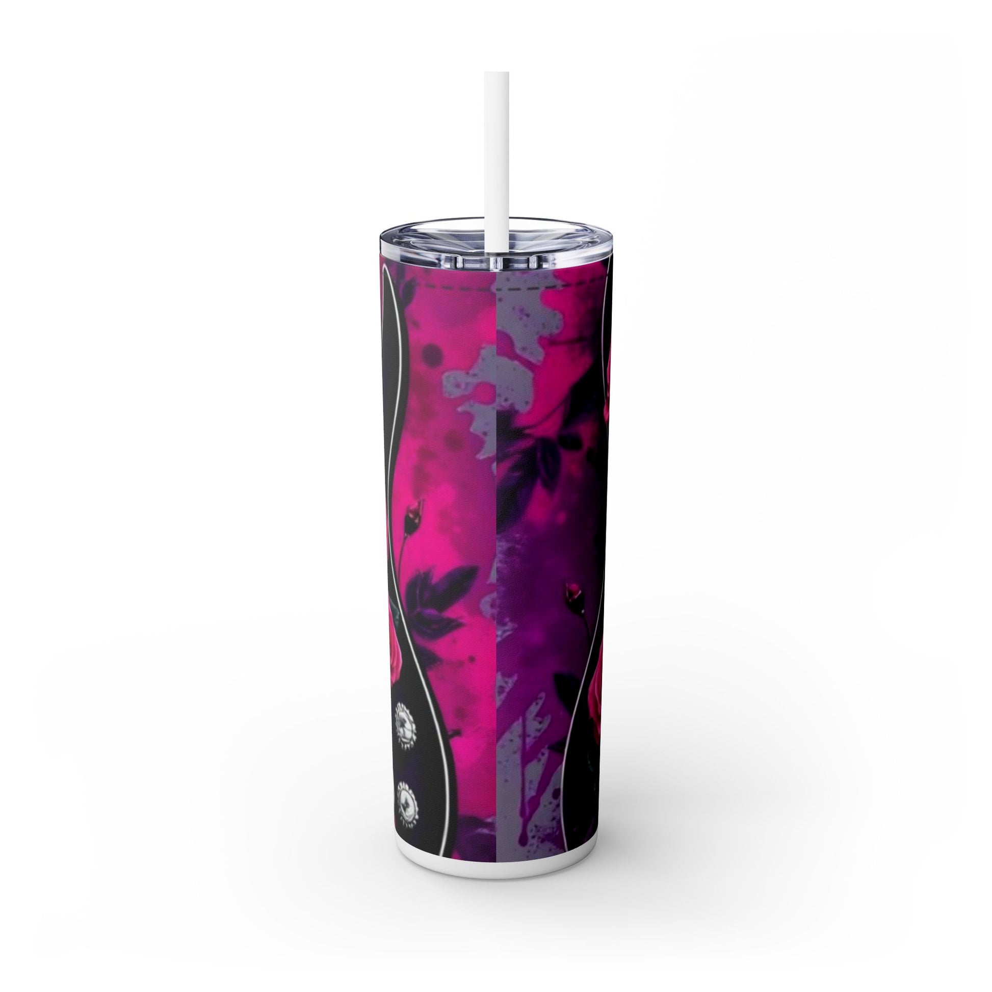 Series 4 of 4 - VIBRAINT Purple Guitar with Skulls and Pink Roses,Skinny Tumbler with Straw, 20oz - Rock n Royalty Designs