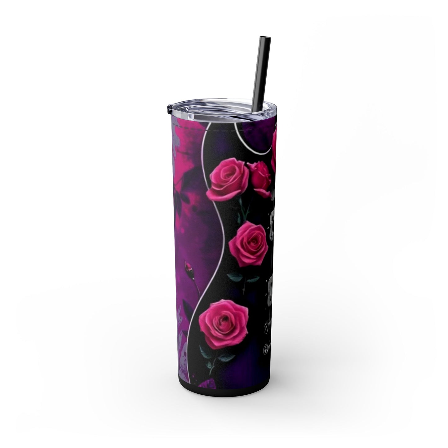 Series 4 of 4 - VIBRAINT Purple Guitar with Skulls and Pink Roses,Skinny Tumbler with Straw, 20oz - Rock n Royalty Designs