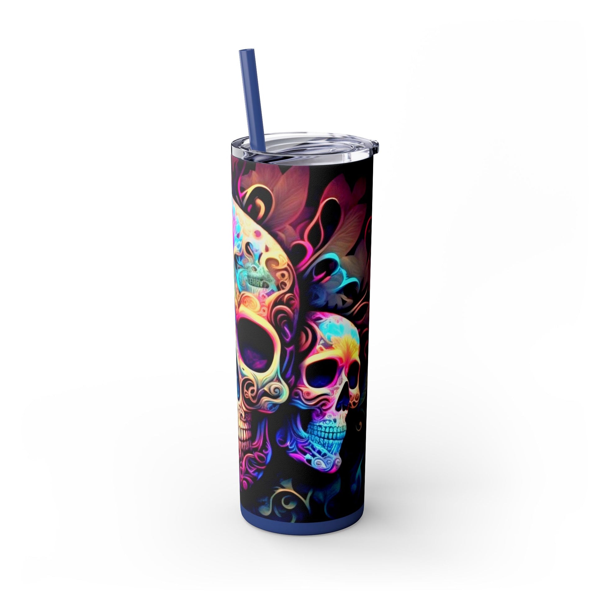 Vibraint Colorful Skulls -Skinny Tumbler with Straw, 20oz Printify