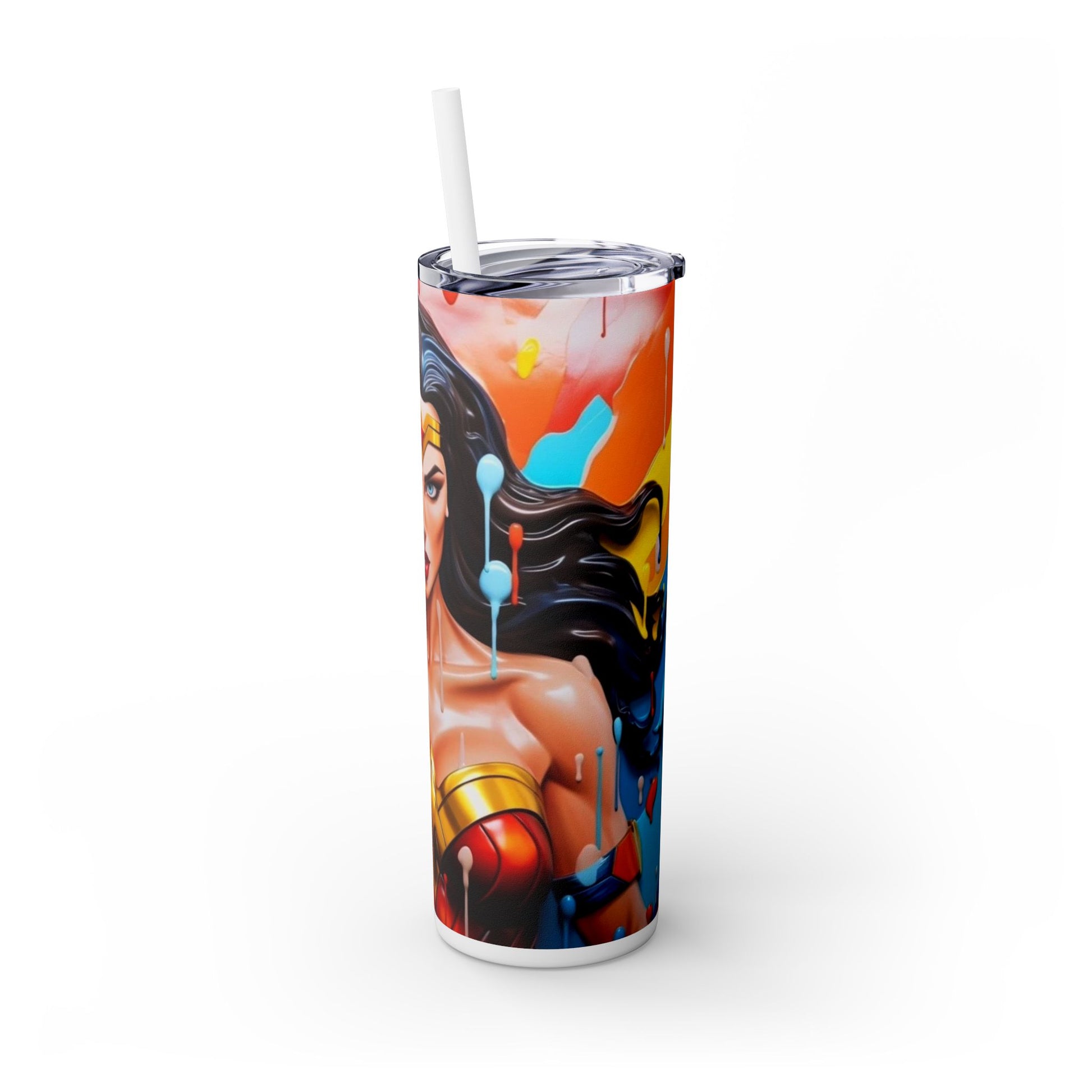 "Wonder Woman Skinny Tumbler with Straw, 20oz - Superhero Fan Art Drinkware" Printify