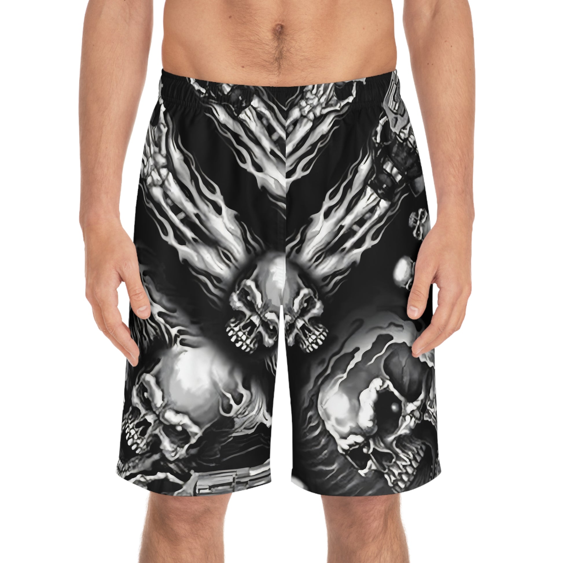 SiILVER SKULLS BLK BACK - Men's Board Shorts (AOP) - Rock n Royalty Designs