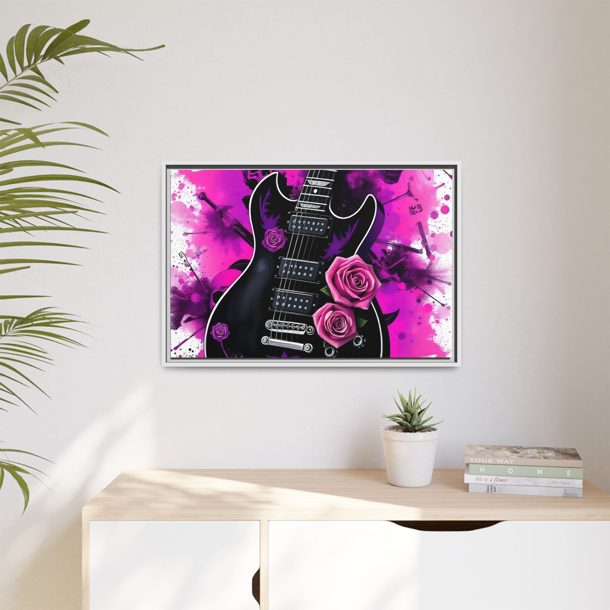 Canvas Art Print 1 of 4 - VIBRAINT Purple Guitar with Skulls and Pink Roses - Rock n Royalty Designs