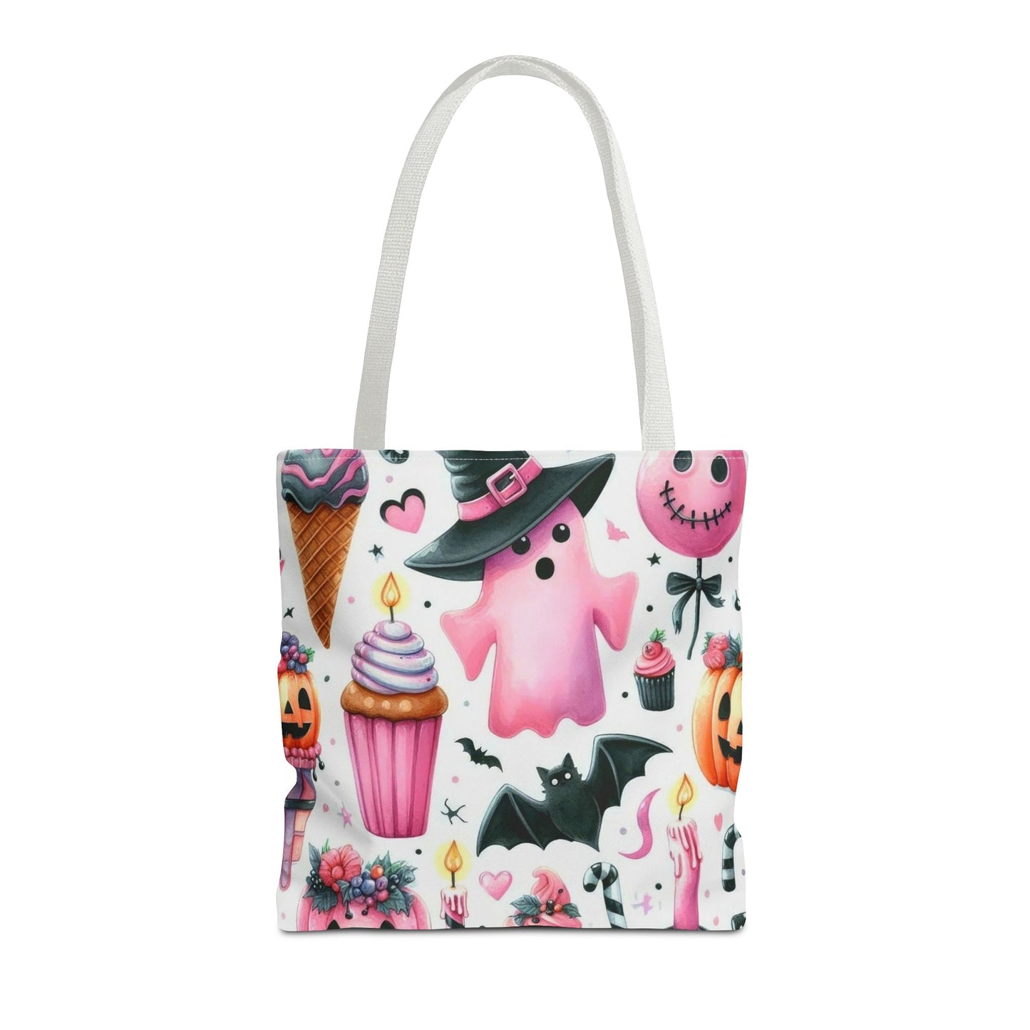 "Cute Halloween Tote Bag - Pink Ghost & Spooky Treats Design" Print Tote Bag Printify