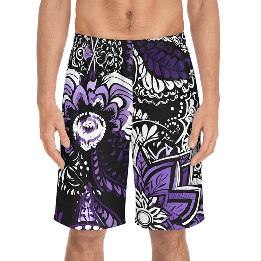 PURPLE DESIGN FRONT BLK BACK - Men's Board Shorts (AOP) - Rock n Royalty Designs