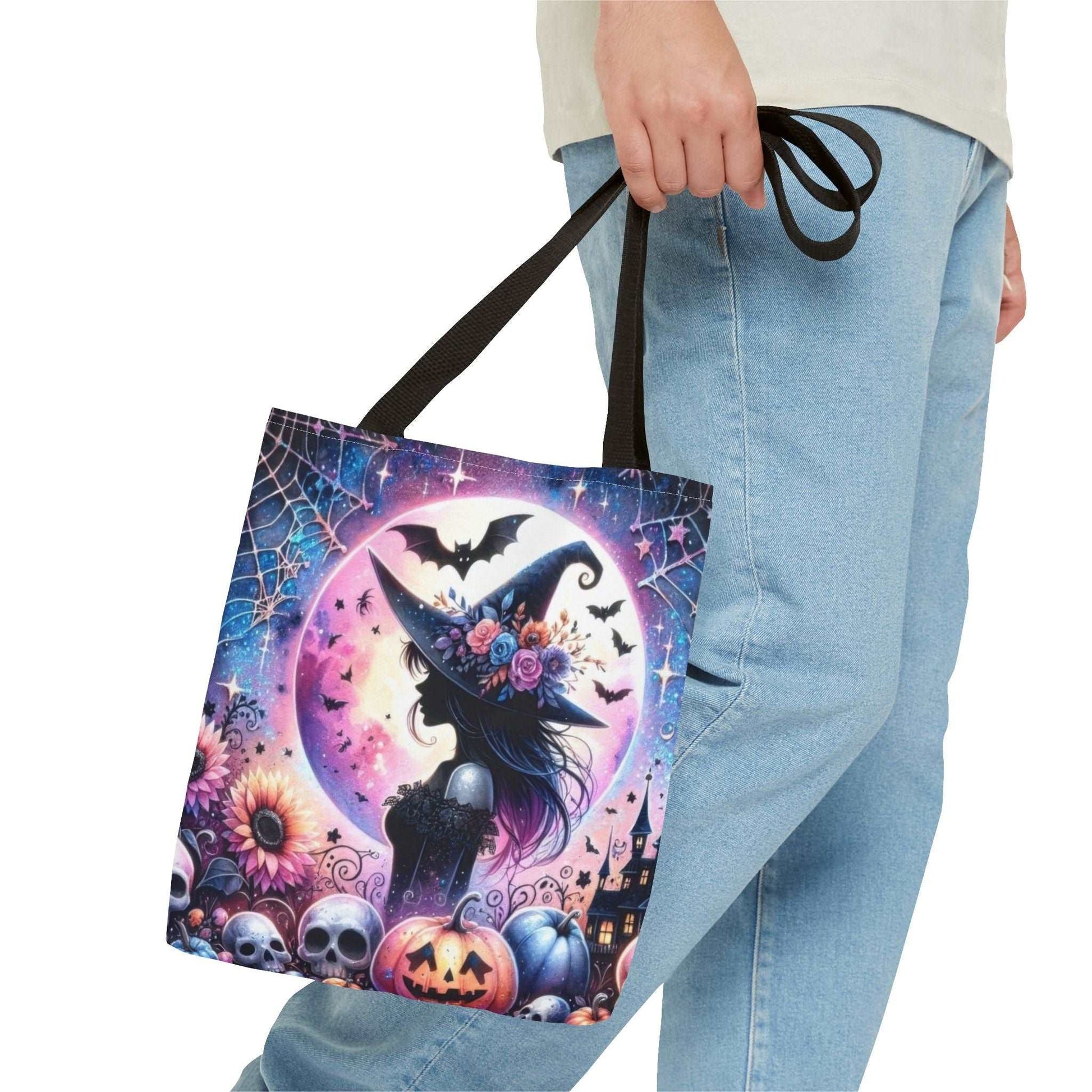 "Mystical Witch Tote Bag - Celestial Moon and Bat Design (AOP)"