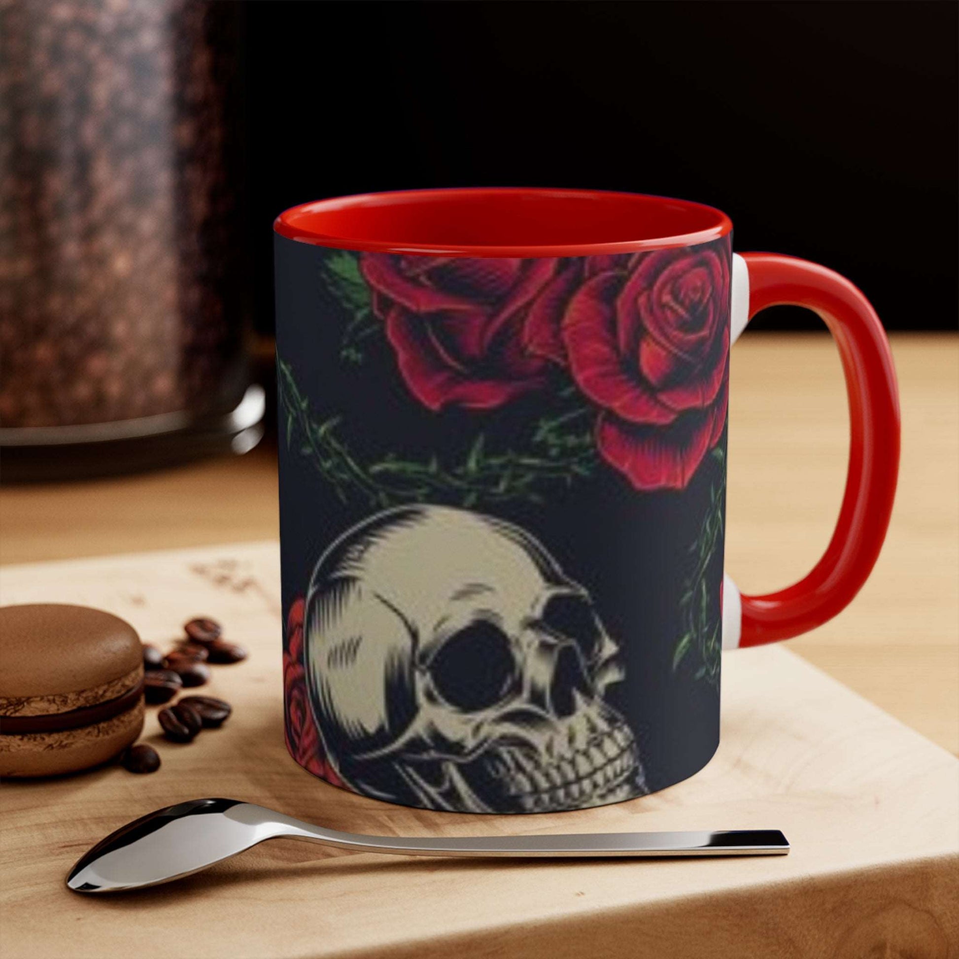 "Gothic Skull and Roses Coffee Mug - Red Interior"