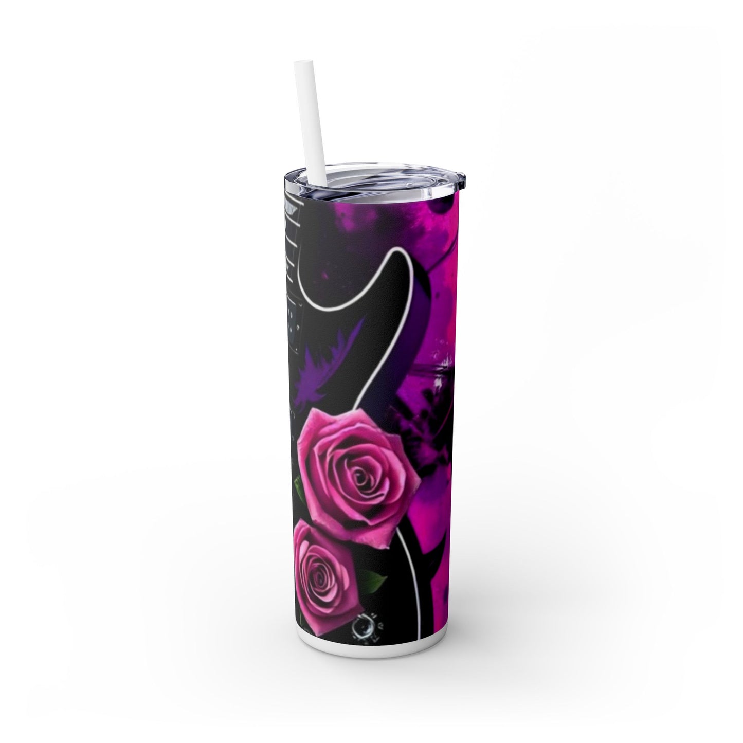 Series 1 of 4 - VIBRAINT Purple Guitar with Skulls and Pink Roses,Skinny Tumbler with Straw, 20oz - Rock n Royalty Designs