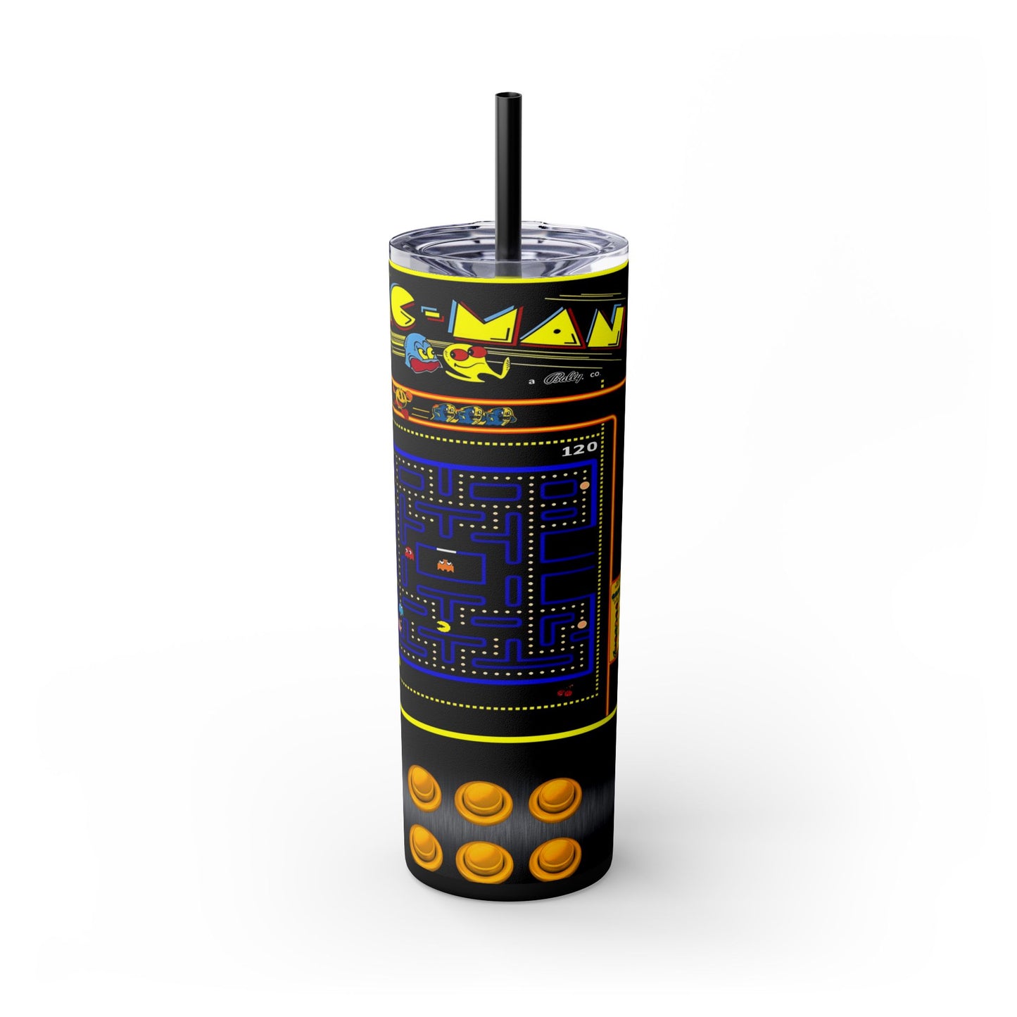 PACMAN ARCADE GAME - Skinny Tumbler with Straw, 20oz - Rock n Royalty Designs