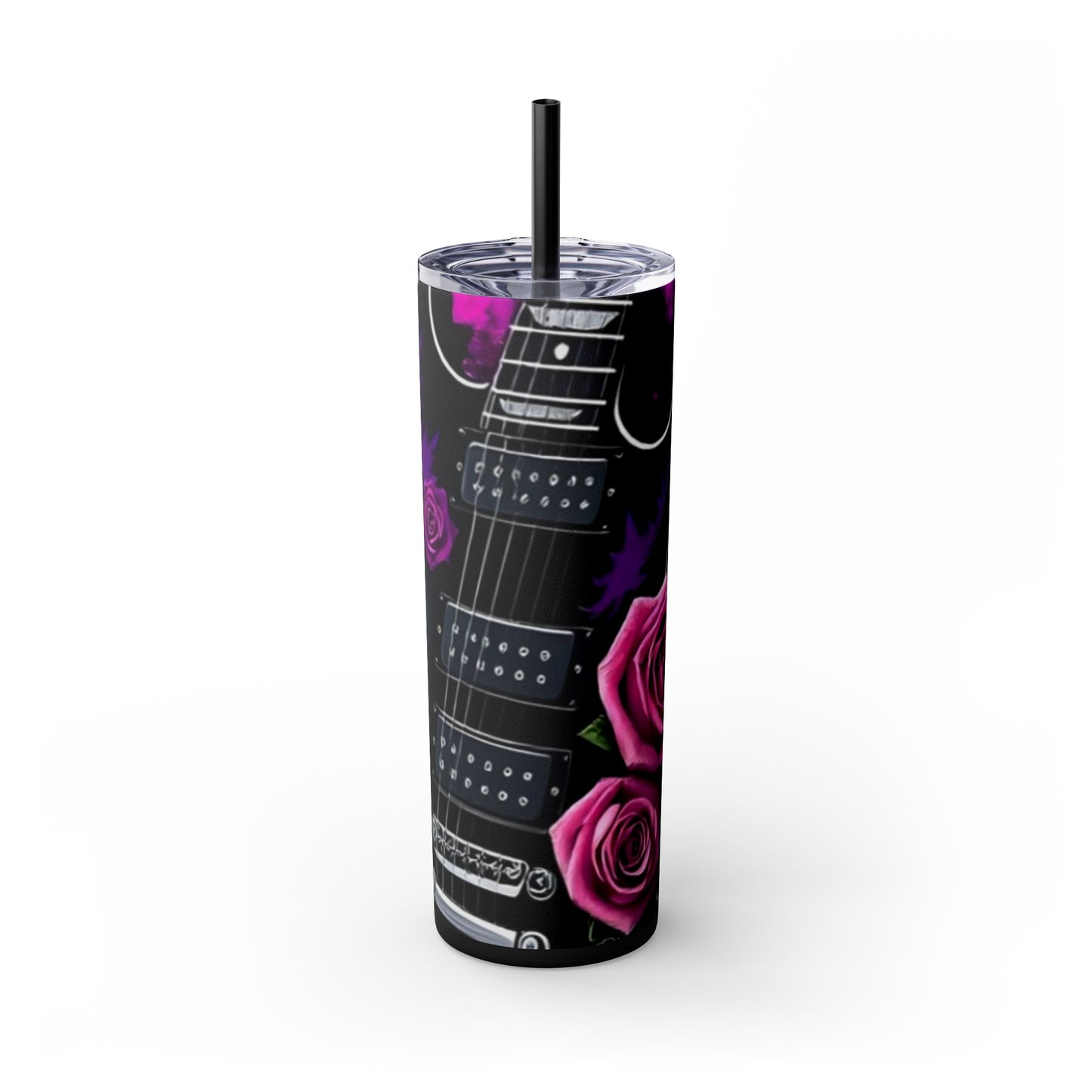 Series 1 of 4 - VIBRAINT Purple Guitar with Skulls and Pink Roses,Skinny Tumbler with Straw, 20oz - Rock n Royalty Designs