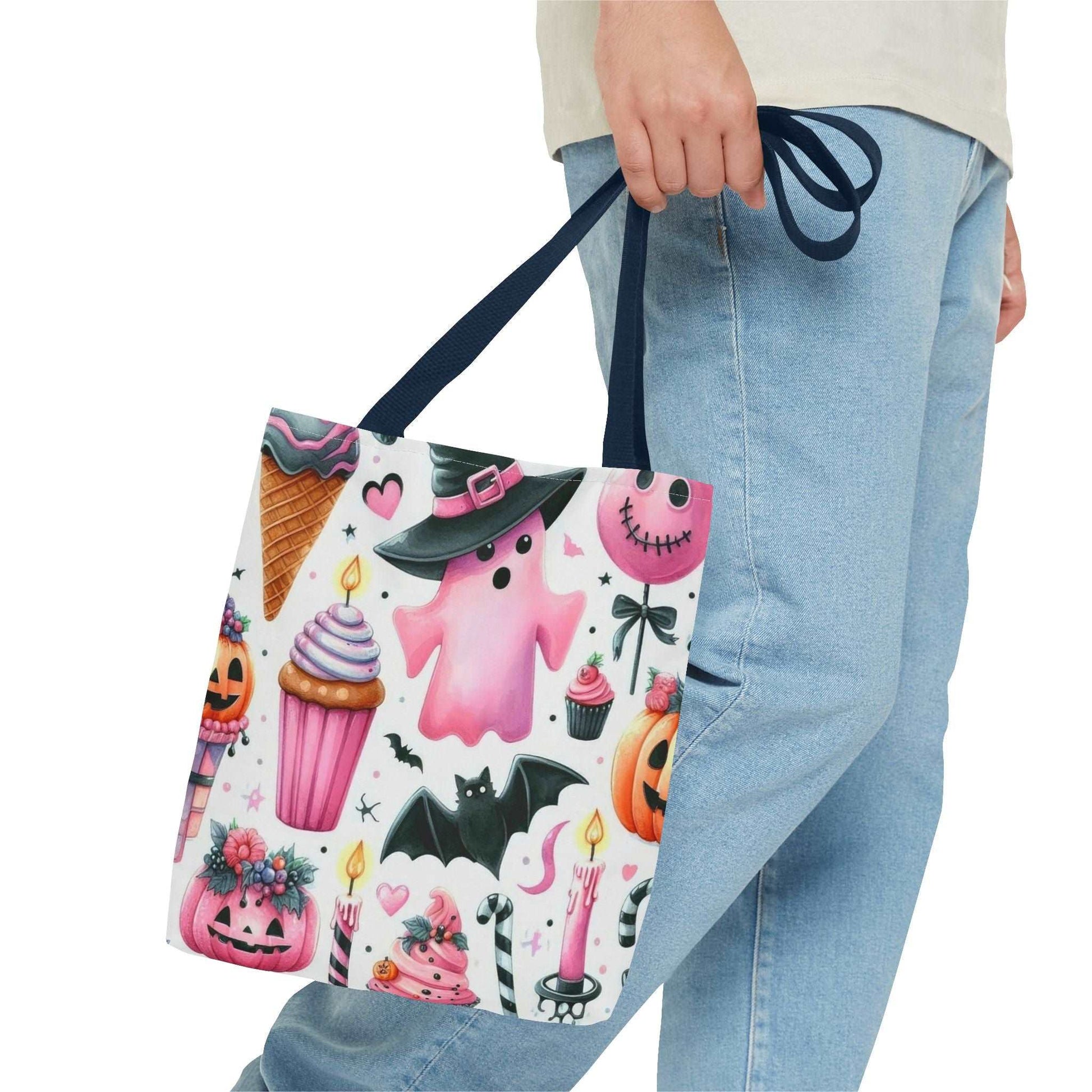 "Cute Halloween Tote Bag - Pink Ghost & Spooky Treats Design" Print Tote Bag