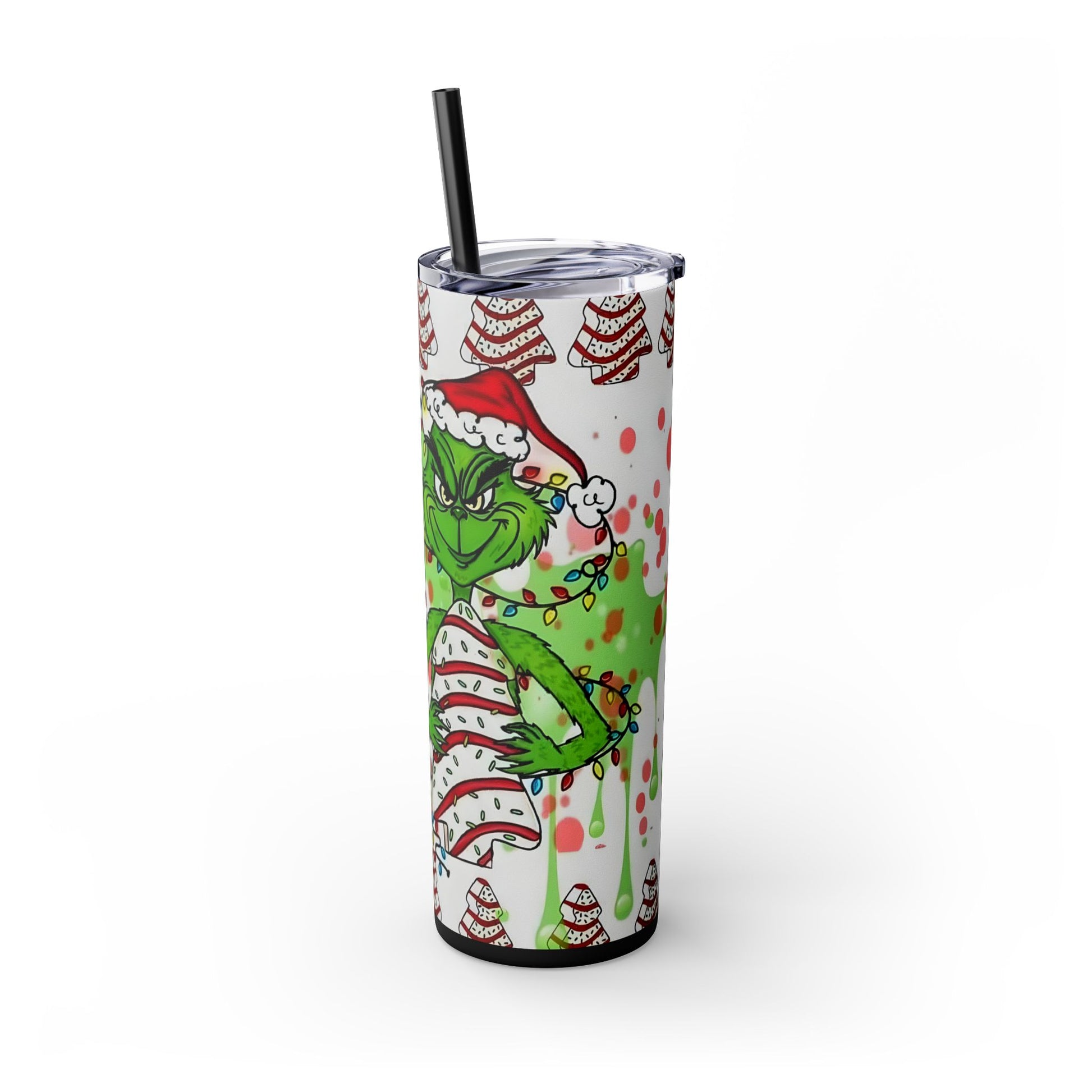 "Grinch Christmas Tumbler 20oz - Holiday Tumbler with Striped Christmas Cakes Design, Double Wall Insulated Cup with Straw (Funny Festive Collection)" Printify