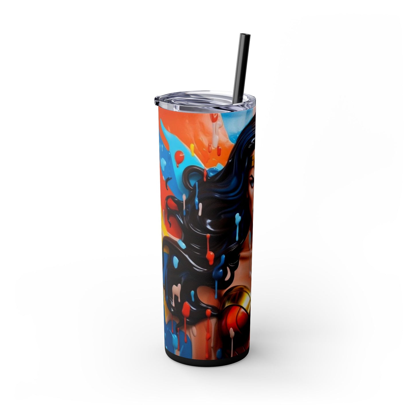 "Wonder Woman Skinny Tumbler with Straw, 20oz - Superhero Fan Art Drinkware" Printify