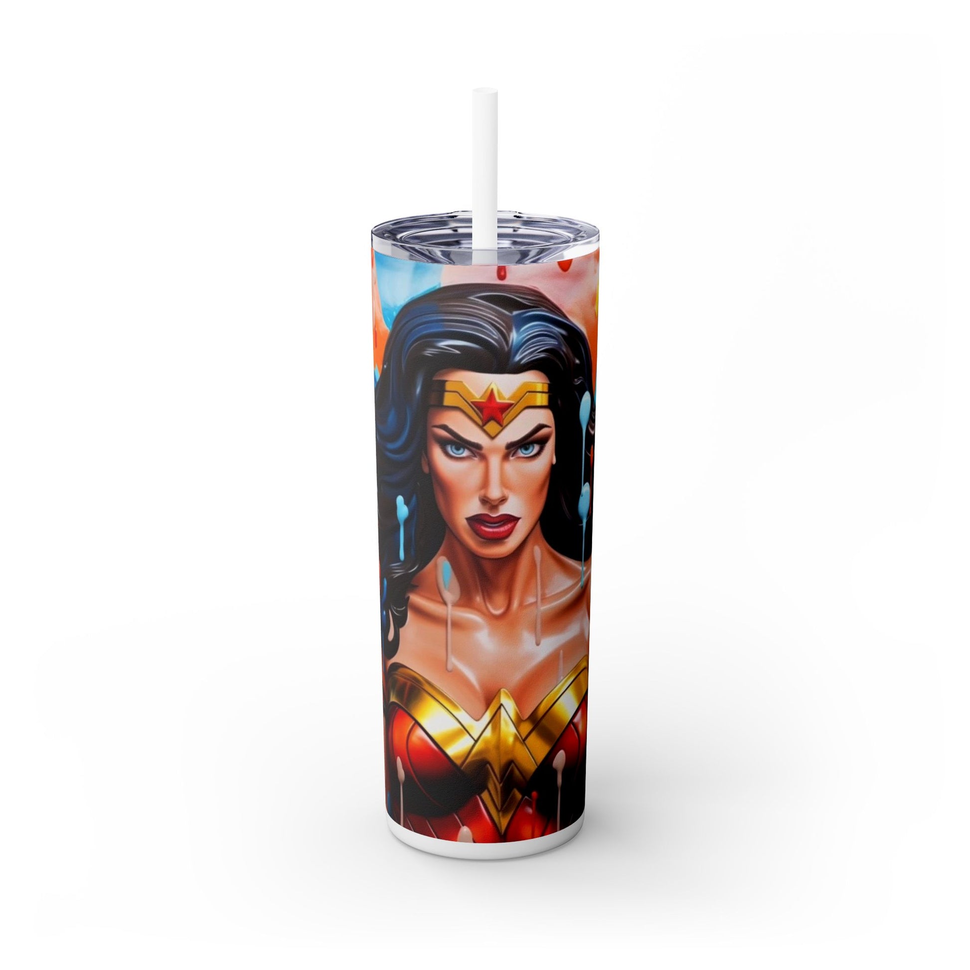 "Wonder Woman Skinny Tumbler with Straw, 20oz - Superhero Fan Art Drinkware" Printify