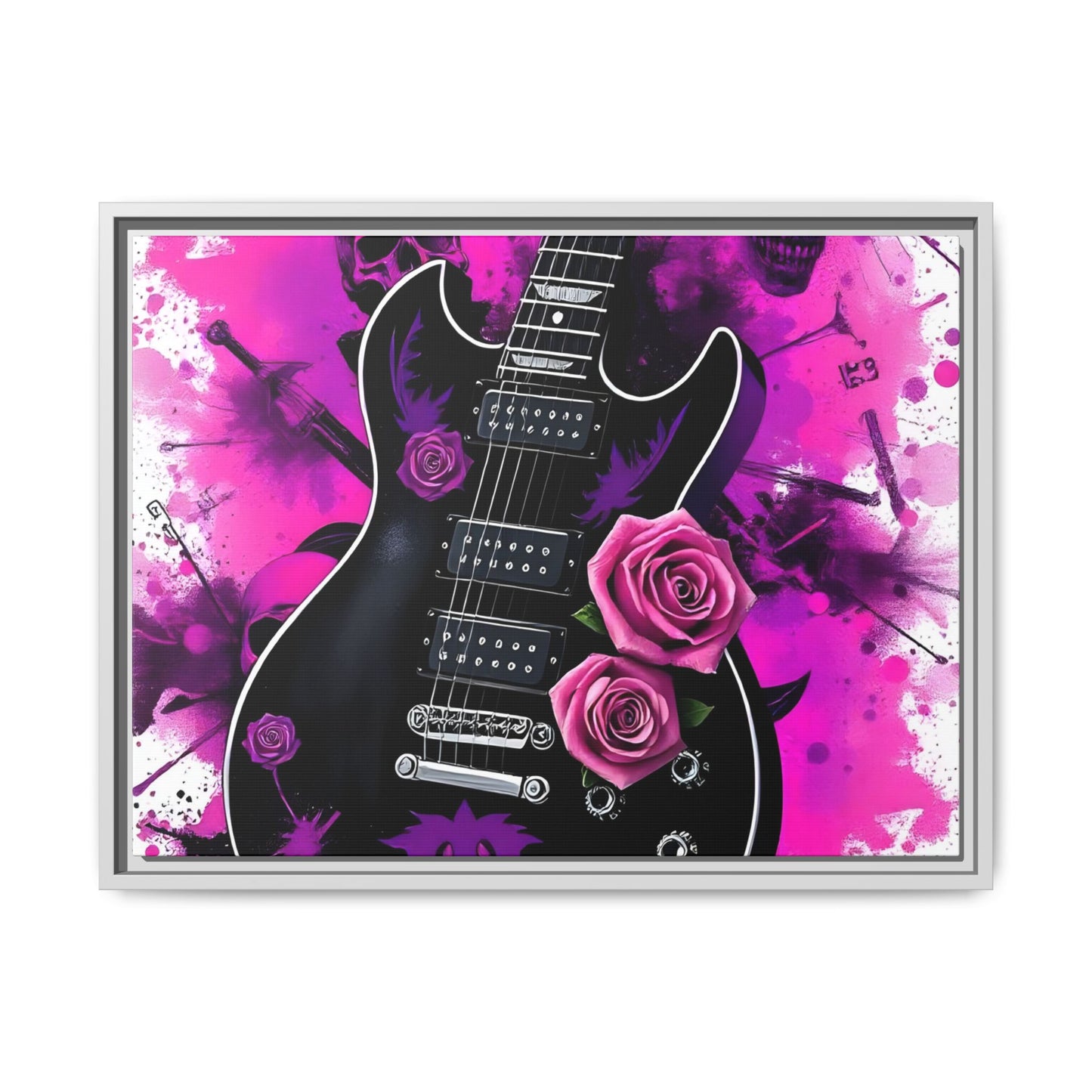 Canvas Art Print 1 of 4 - VIBRAINT Purple Guitar with Skulls and Pink Roses - Rock n Royalty Designs