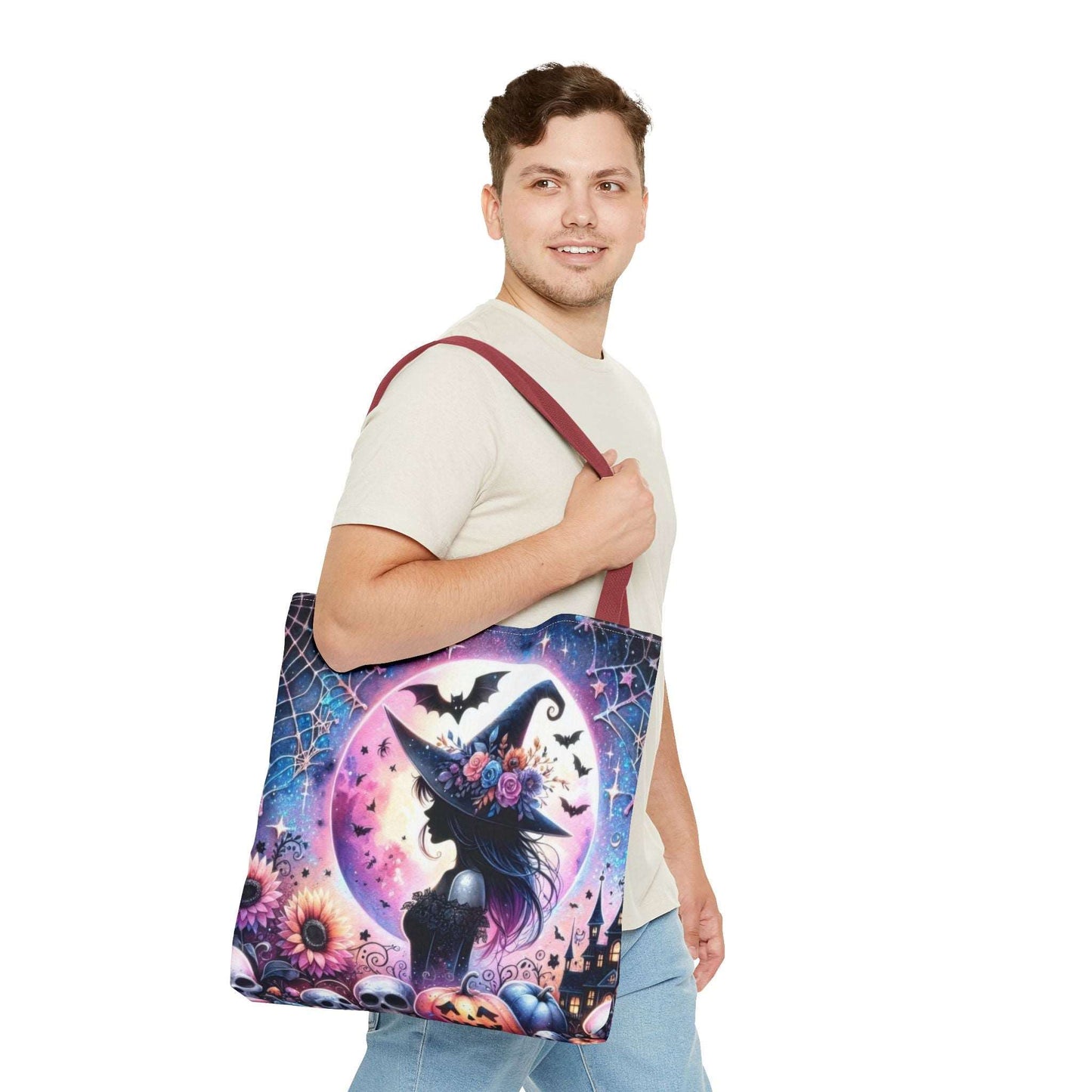 "Mystical Witch Tote Bag - Celestial Moon and Bat Design (AOP)"