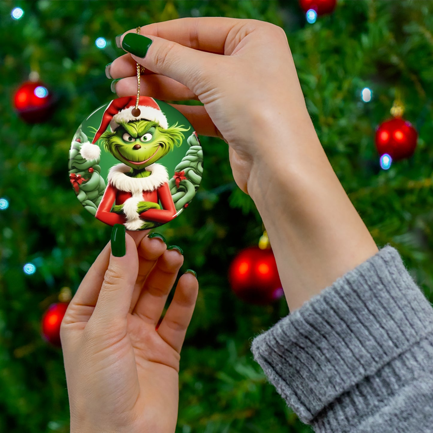 Santa GRINCH  Ceramic Ornament Printify