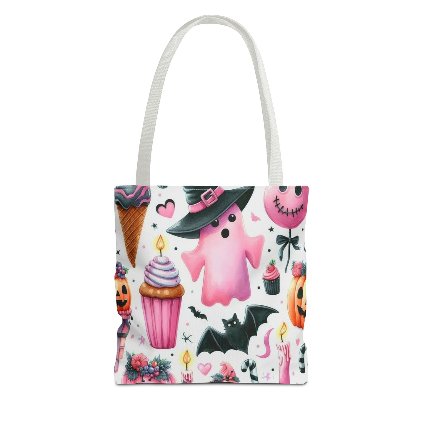 "Cute Halloween Tote Bag - Pink Ghost & Spooky Treats Design" Print Tote Bag Printify